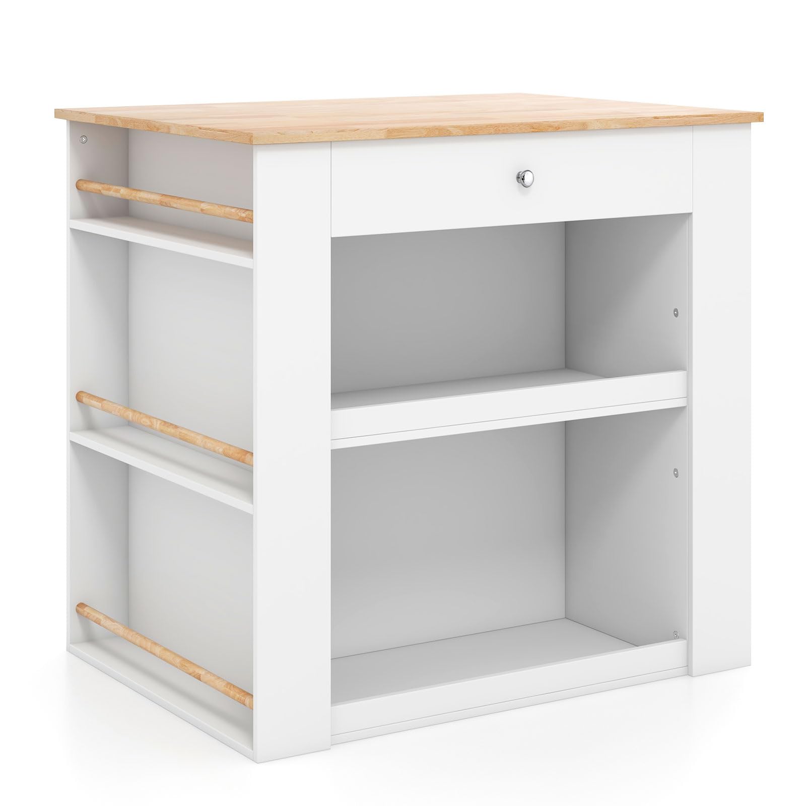 Moccha Kitchen Island with Storage Cabinet - 2 Doors, 2 Drawers, 6-Tier Spice Rack & Open Shelves - White Wood Counter Table for Dining Room (29.5