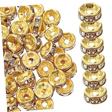 8mm 150pcs Golden Wheel Spacer Beads with Embedded Stone - Round Chakri Jewelry Beads for Bracelets, Necklaces, Friendship Bands, Rakhi & Wedding Mala Making - DIY Craft, Gift Giving & Boho Fashion Accessories