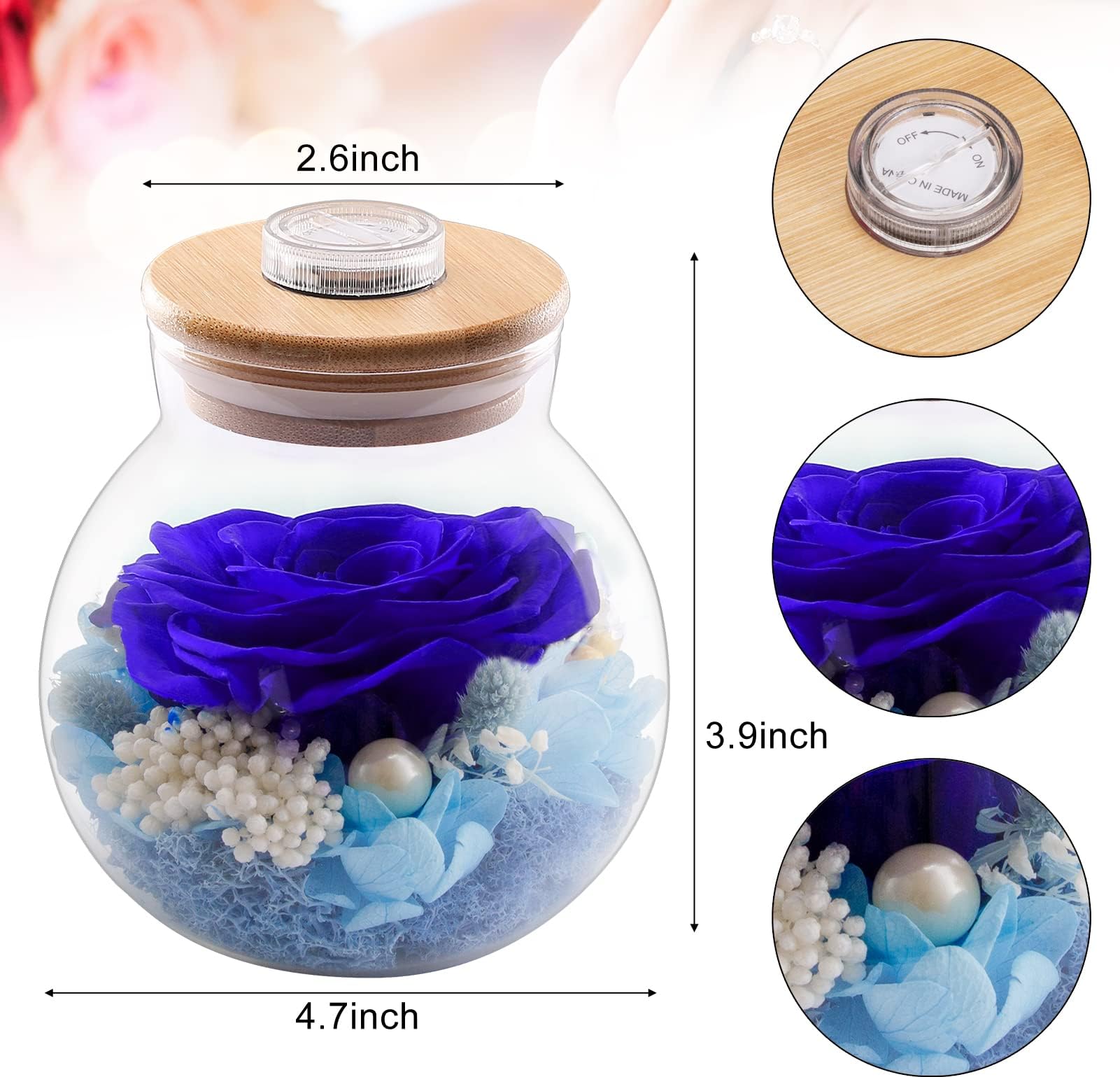 Blue Preserved Rose in Glass Dome - Eternal Flower Gift for Mother's Day, Birthday, Valentine's, Anniversary - Romantic Light-Up Rose with Wishing Bottle for Mom, Wife, Grandma - Perfect Home Decor & Keepsake Gift