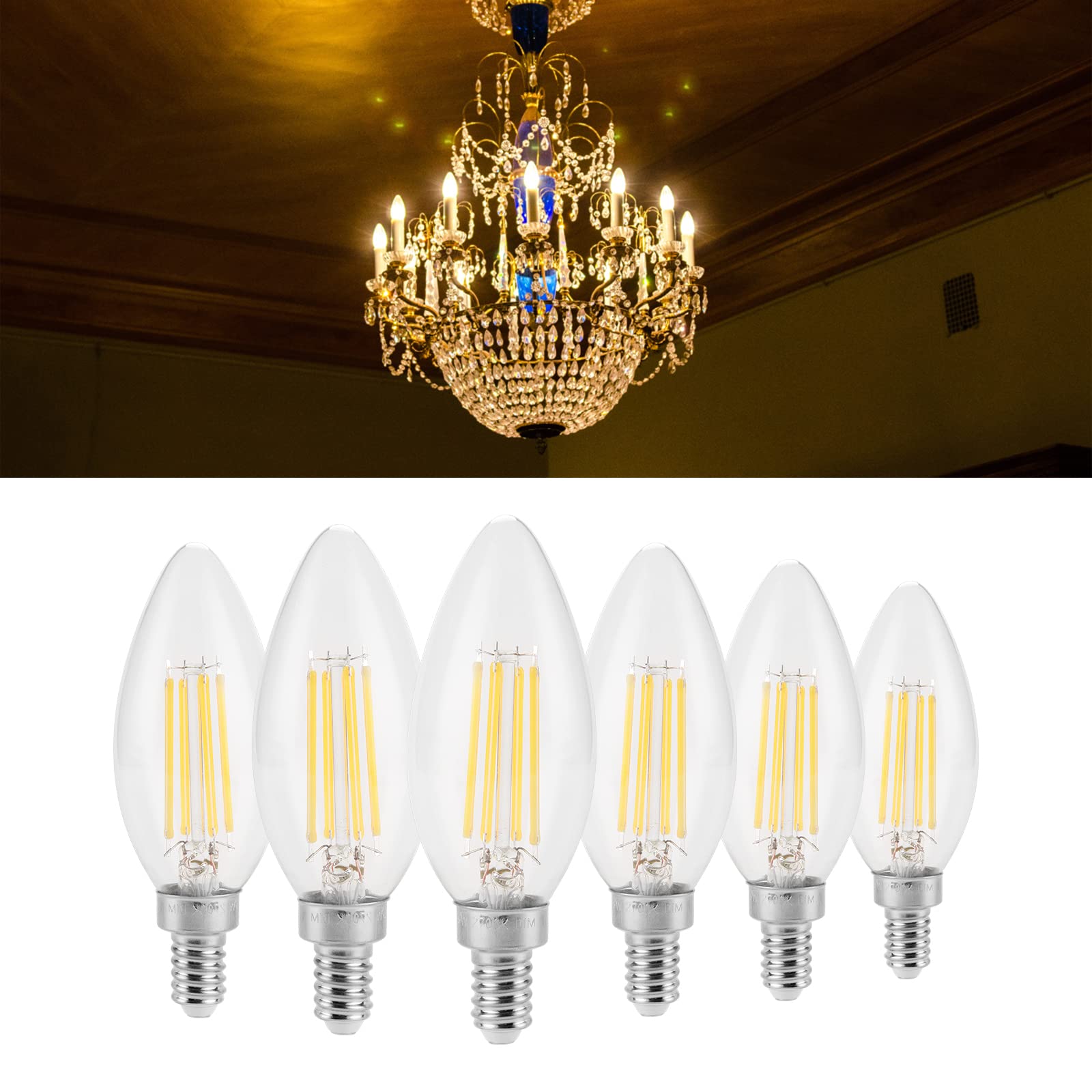 6 Pack E12 LED Candelabra Bulbs - Dimmable 6W (40W Equivalent) 450LM Warm White 2700K, 80+ CRI Clear Glass Chandelier Light Bulbs for Ceiling Fixtures, Candle Lights, Wall & Table Lamps - Perfect for Bedroom, Living Room & Dining Room Lighting