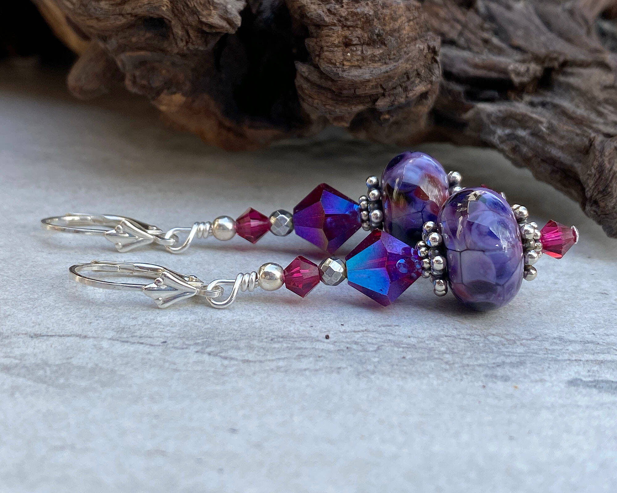 Handmade Purple Fuchsia Crystal Lampwork Earrings - Elegant Dangle Earrings for Women, Perfect for Parties, Weddings & Special Occasions