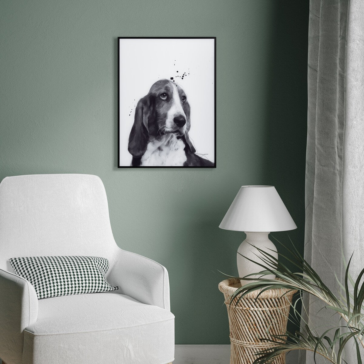 Basset Hound Black and White Dog Portrait Painting - Printed Glass Art with Black Anodized Frame - Perfect for Pet Lovers Home Decor, Living Room Wall Art & Gift Idea
