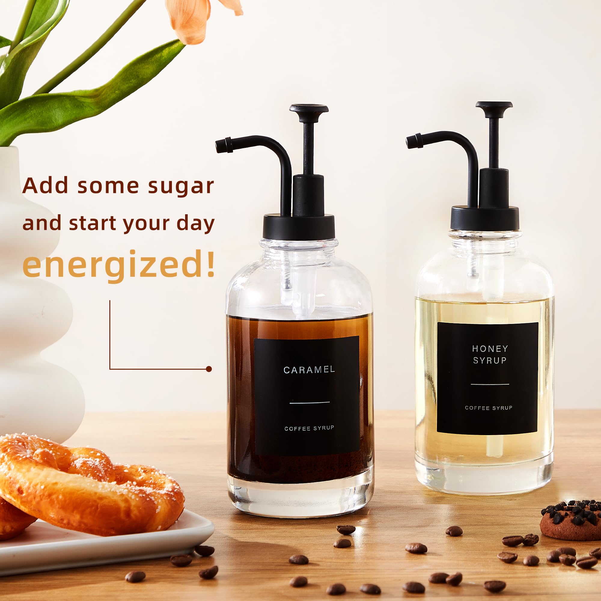 Premium Coffee Syrup Dispensers Set of 4 - 16.9 oz Glass Bottles with Matte Black Pumps & 36 Labels - Barista-Grade Syrup Pump Dispenser for Coffee Shops, Cafes & Home Use - Perfect for Latte Art, Iced Coffee & Specialty Drinks