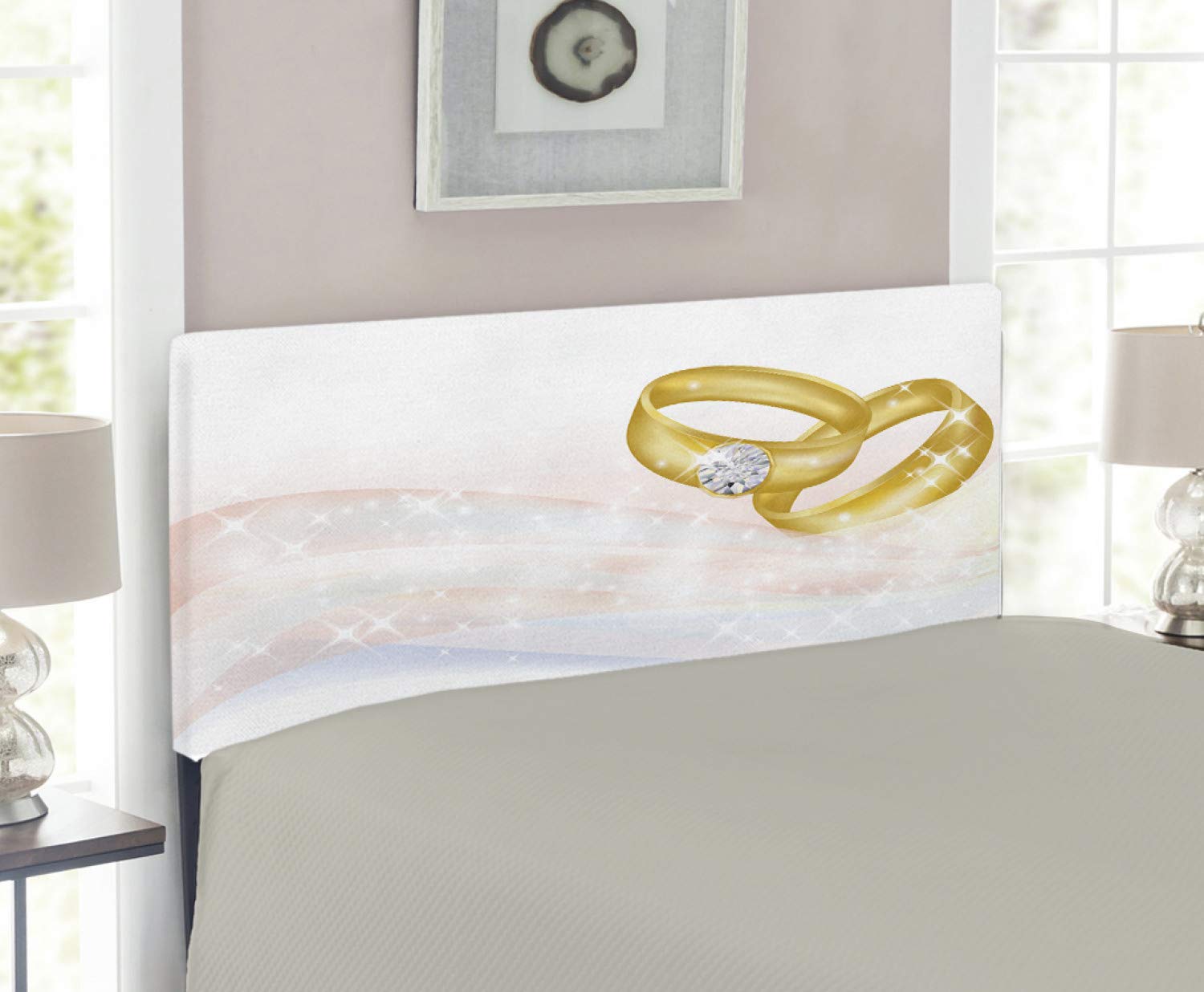 Ambesonne Upholstered Metal Headboard with Memory Foam - Twin Size Wedding Bed Headboard with Romantic Ring Design in Pale Blue & Pink | Perfect for Master Bedroom, Guest Room & Wedding Decor