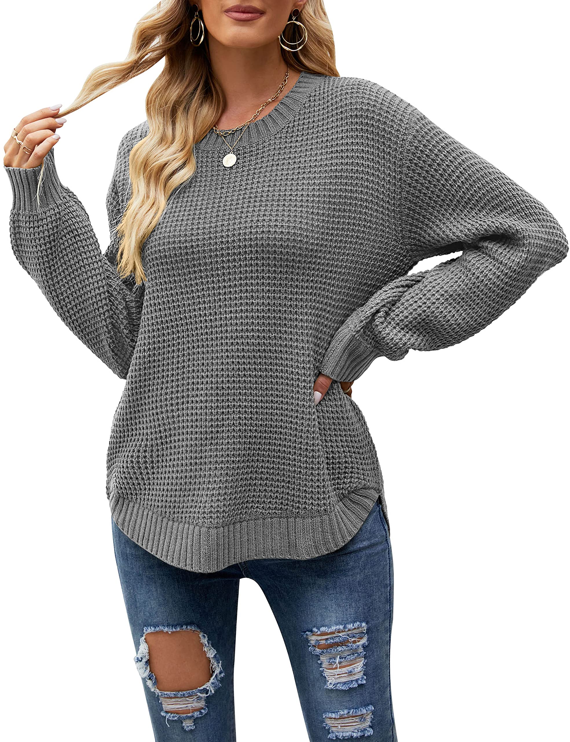 MEROKEETY Women's 2024 Fall Casual Waffle Knit Sweater - Long Balloon Sleeve Loose Pullover Jumper for Autumn Outfits | Cozy Office Wear & Weekend Outings