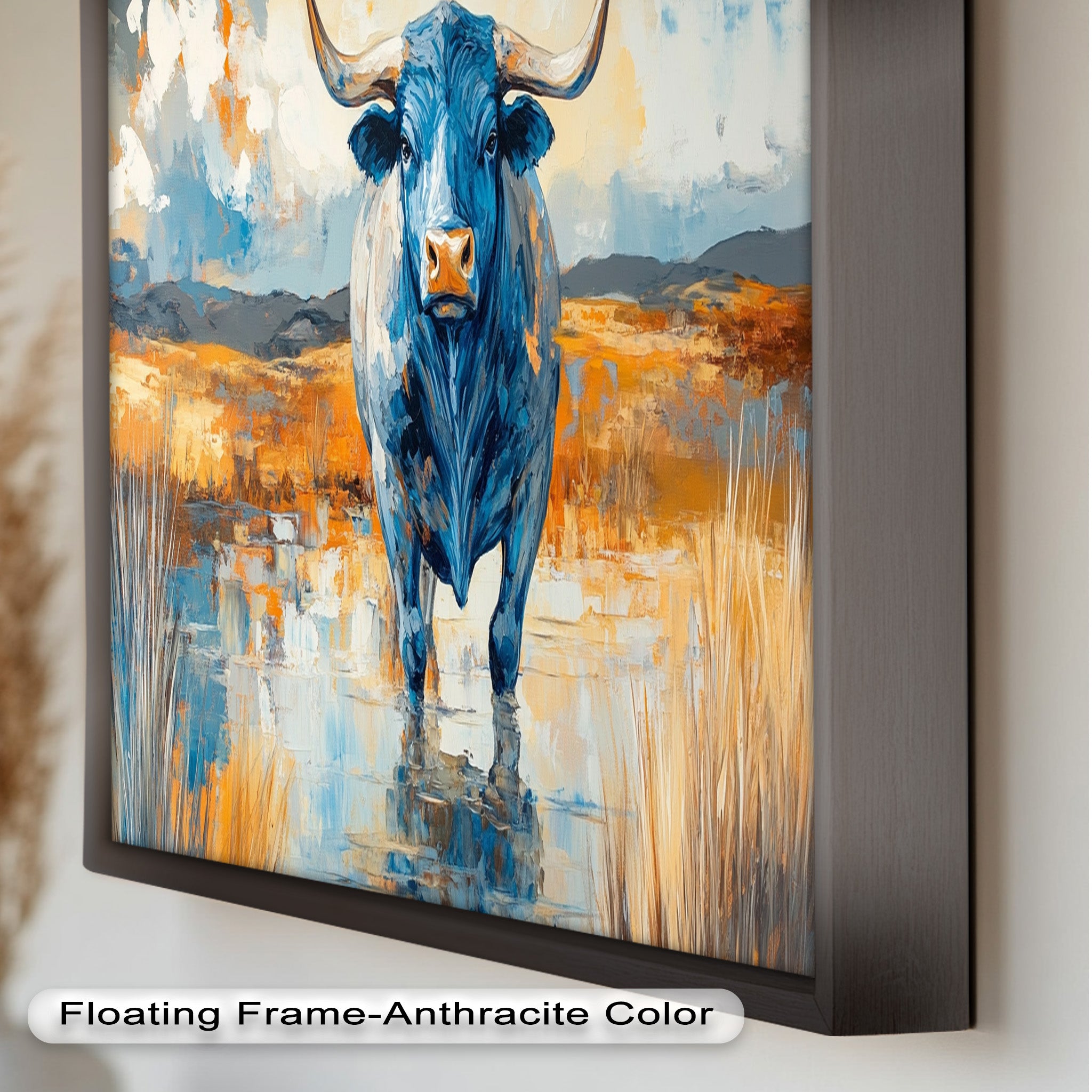 Blue Desert Bull - Hand Painted Animal Oil Canvas Artwork | Western Wildlife Decor for Living Room, Bedroom & Office