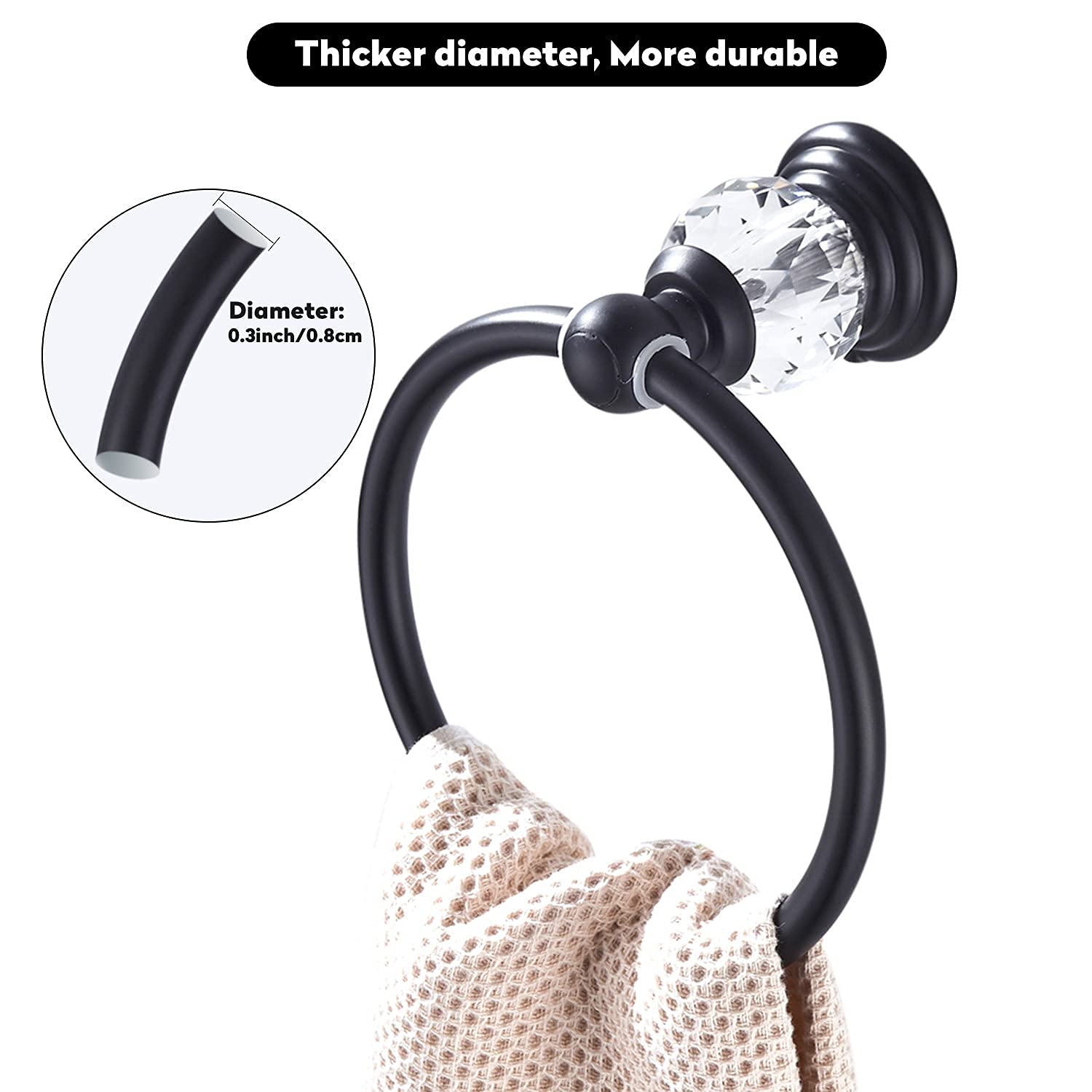 WINCASE Matte Black Crystal Towel Ring - Wall Mounted Bathroom Hand Towel Holder & Round Towel Hanger Rack for Modern Home Decor | Perfect for Guest Bathrooms, Powder Rooms & Spa-Style Showers