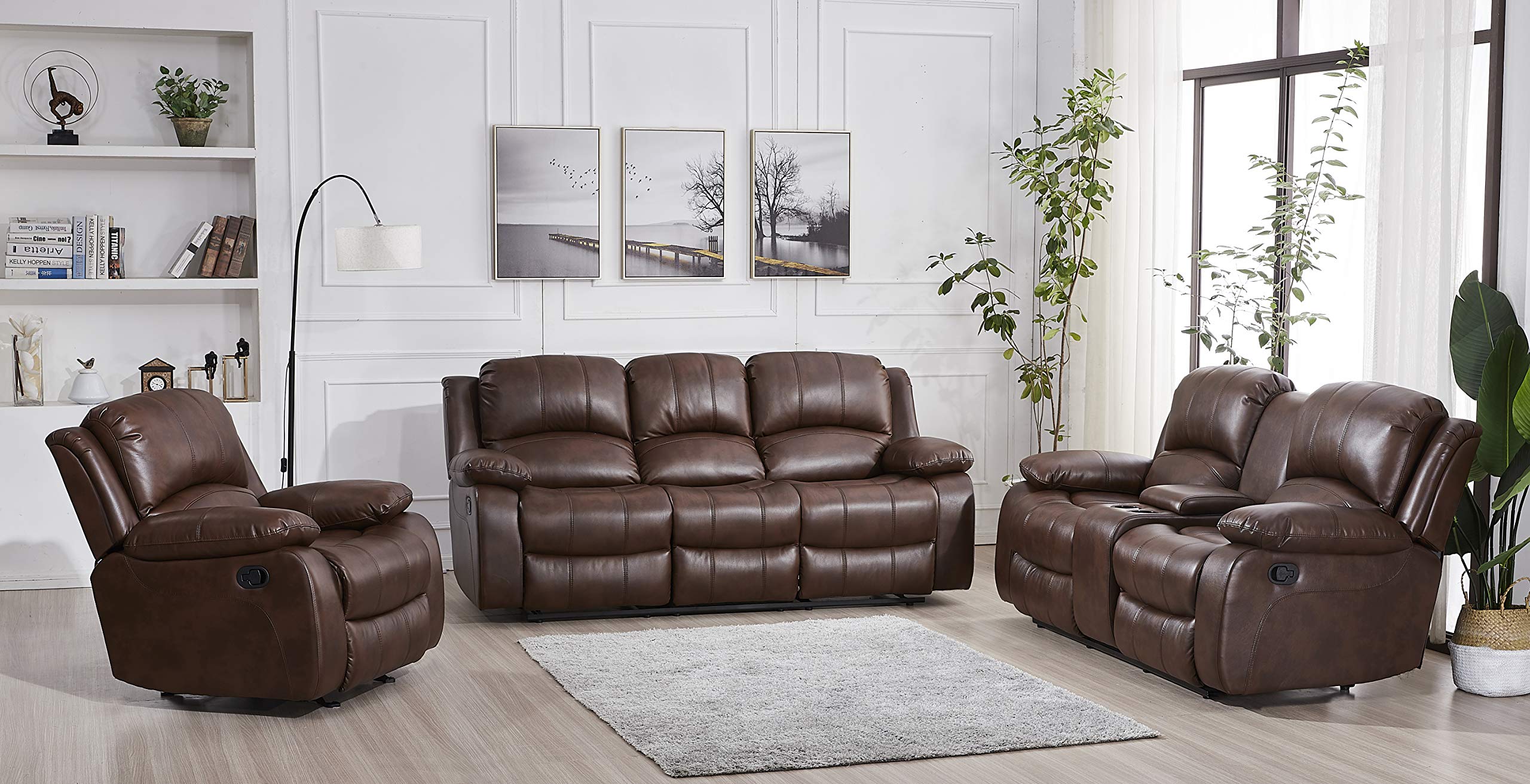 Betsy Furniture 3-Piece Bonded Leather Reclining Sofa Set - Living Room Loveseat & Glider Chair with Multiple Color Options (Brown) - Perfect for Family Movie Nights & Cozy Living Room Relaxation