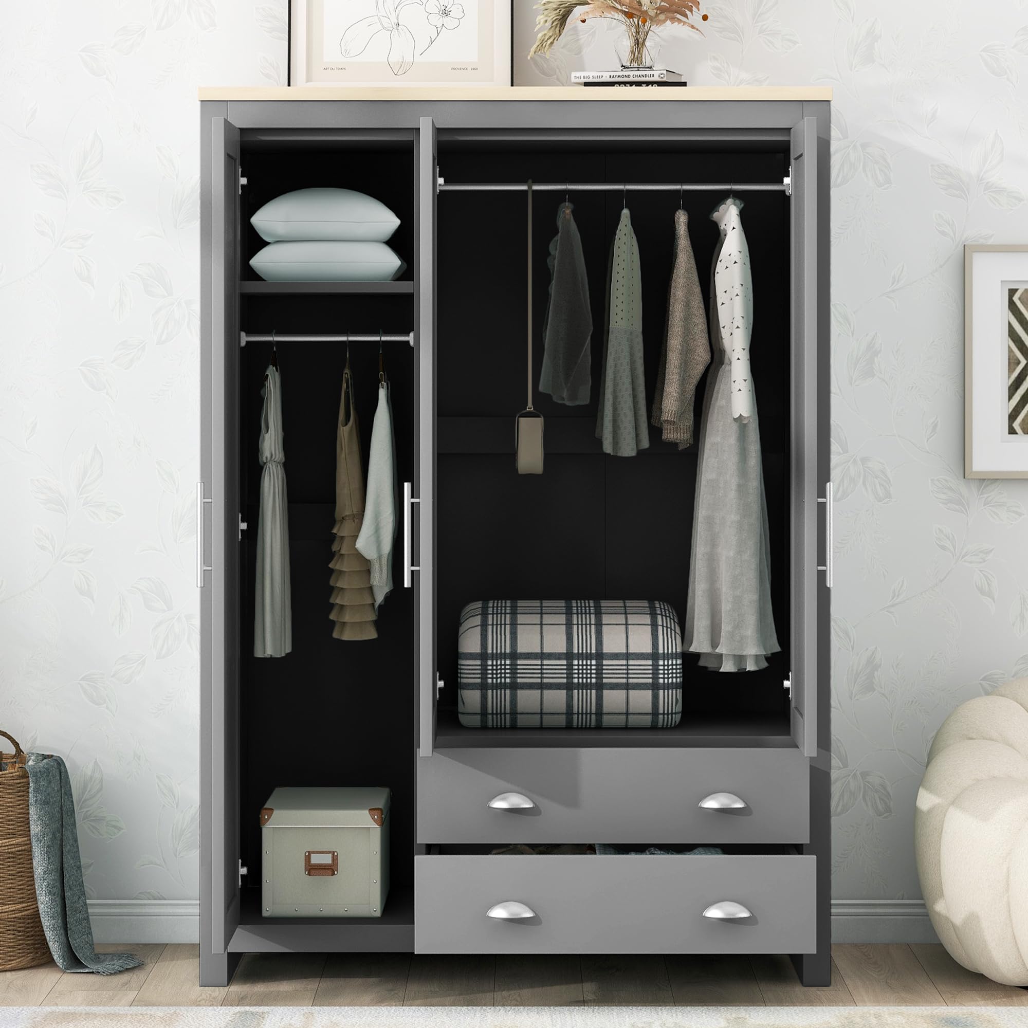 Merax 3-Door Grey Wood Wardrobe Cabinet - Bedroom Closet Organizer with Large Drawers, Hanging Rails & Shelves | Functional Clothes Storage for Home, Dorm, Apartment (Gray) | Perfect for Small Spaces & Modern Bedroom Decor