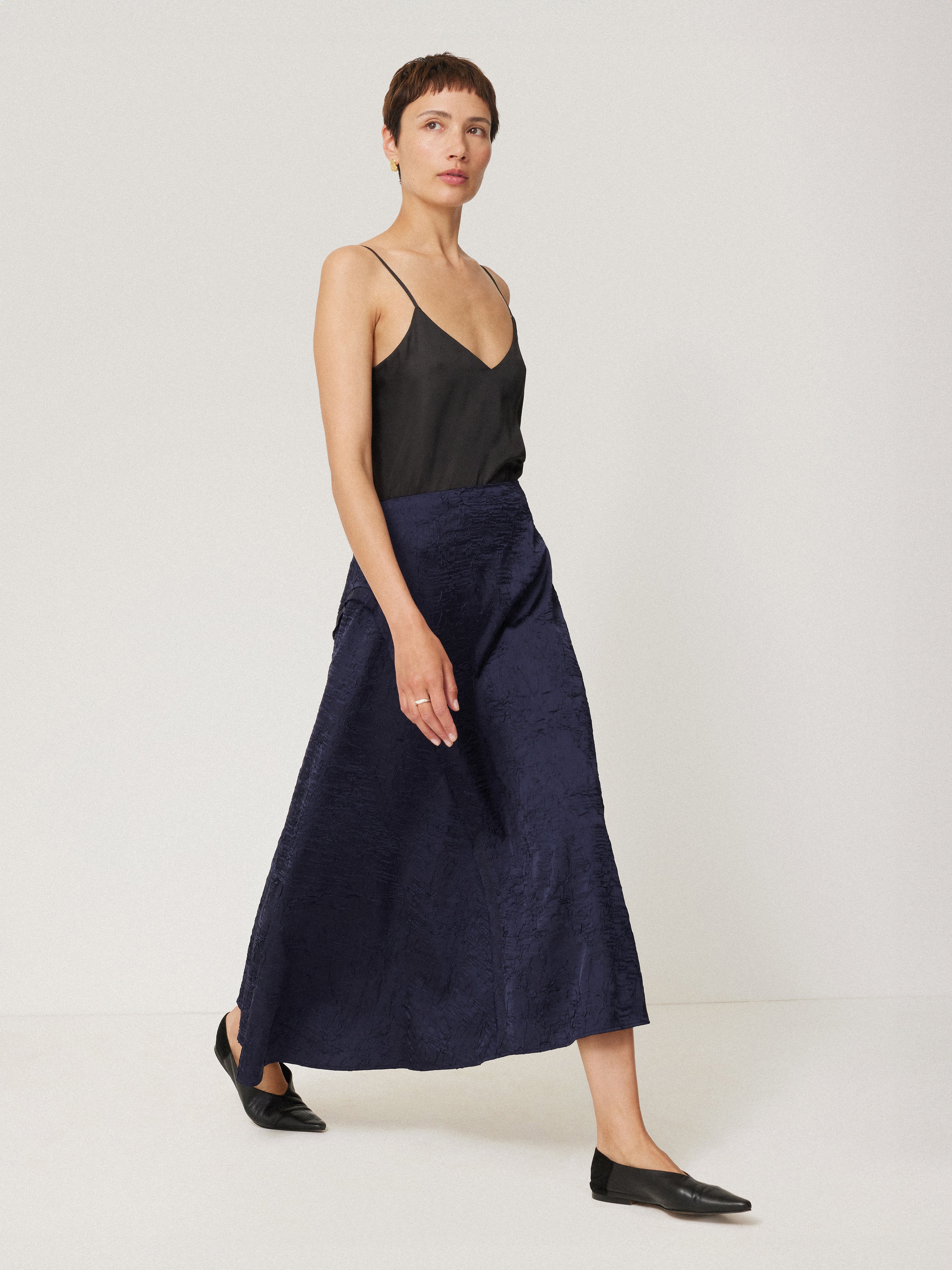 Asymmetric Textured Skirt for Women - Navy Blue High Waist Flowy Midi Skirt | Perfect for Office Wear, Date Night & Summer Outfits