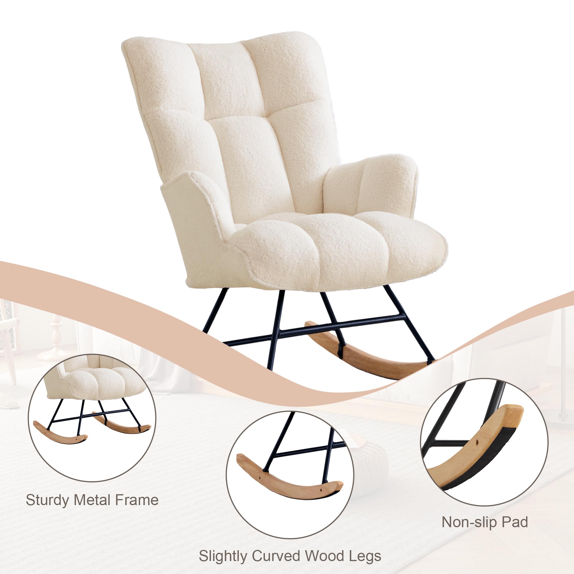 Comfy Ivory Teddy Upholstered Glider Rocker Chair - High Back Padded Nursery Rocking Chair with Armrests for Living Room, Bedroom & Office | Perfect for Nursing, Relaxing & Reading