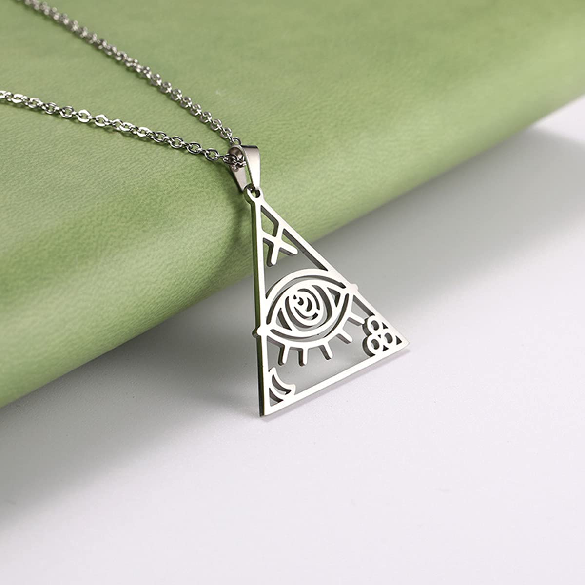 Evil Eye Necklace for Women - Stainless Steel Pyramid Triangle Pendant with Horus Eye & Moon Cross Charm, Elegant Jewelry Gift for Girls | Perfect for Protection, Spiritual Healing & Boho Fashion Accessories
