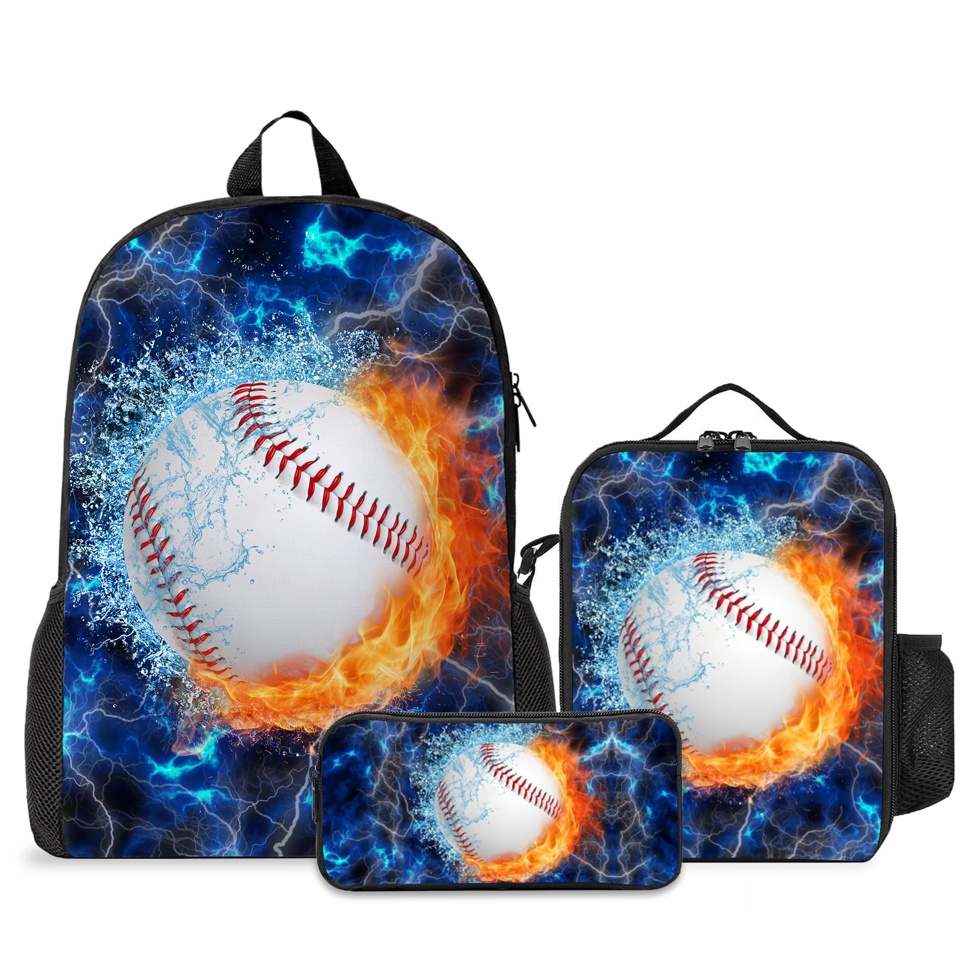 **Kids Backpack Set with Lunch Box & Pencil Case - 3PCS School Backpack for Boys & Girls, Middle & High School Students - Baseball Blue Design - Perfect for School, Travel & Daily Use**