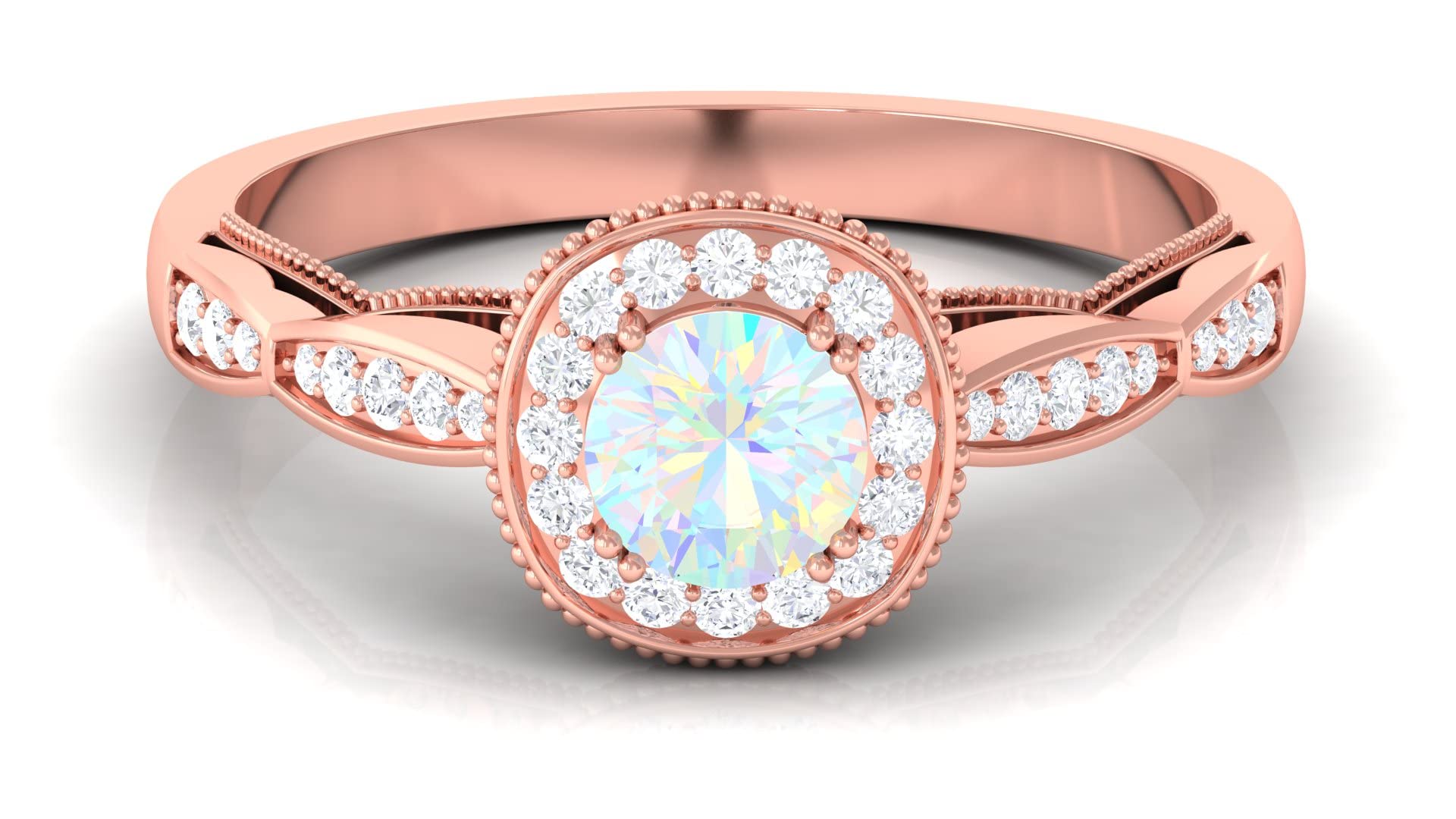 14K Solid Gold Ethiopian Opal Ring with Diamond Halo - 5MM Round Cut Genuine Opal Engagement Ring for Women | Perfect for Weddings, Anniversaries & Special Occasions