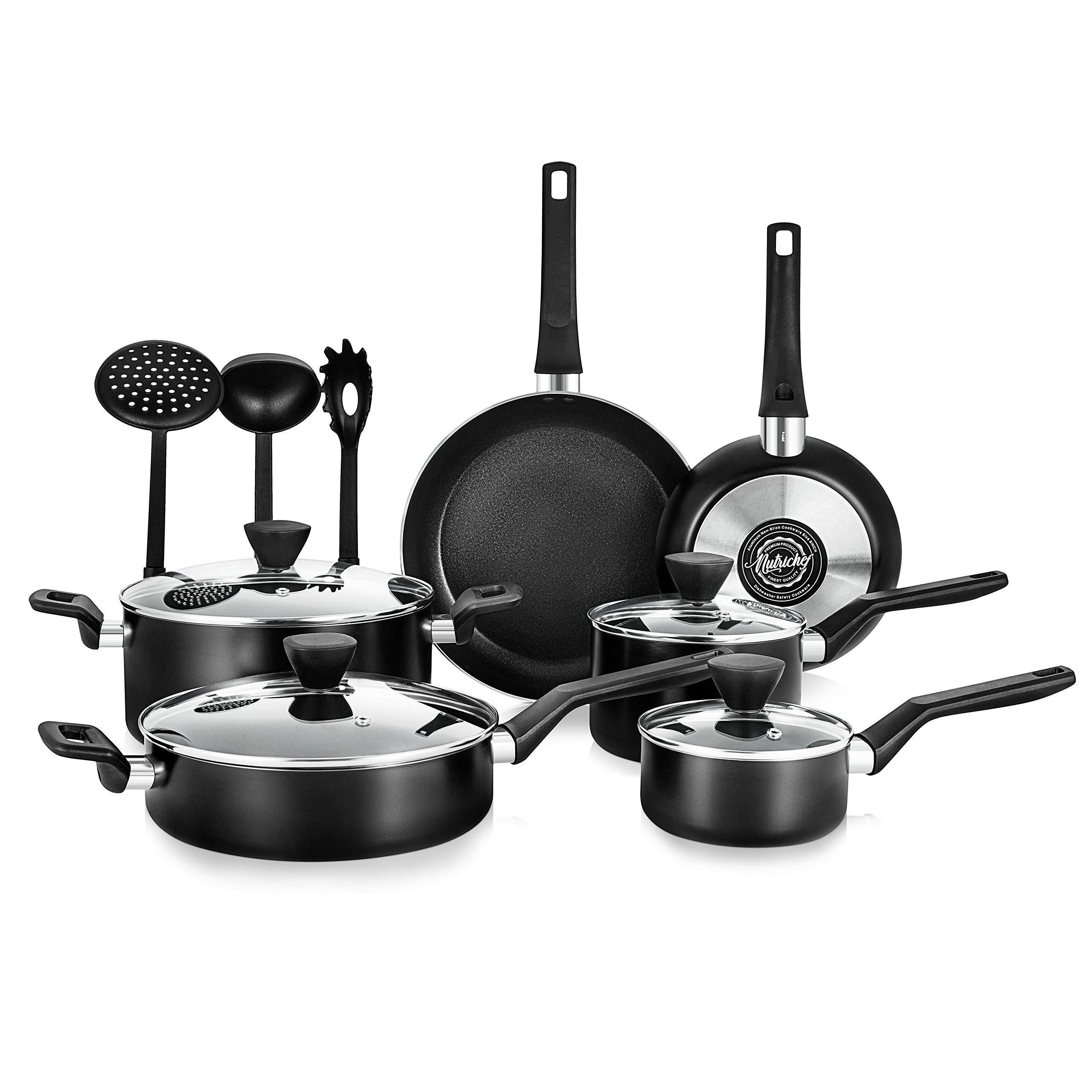NutriChefKitchen 13-Piece Nonstick Cookware Set - PTFE/PFOA/PFOS Free, Heat Resistant Pots & Pans with Saucepan, Frying Pans, Casserole, Lids & Kitchen Utensils - Perfect for Sauteing, Boiling & Everyday Cooking - NCCWA13.5