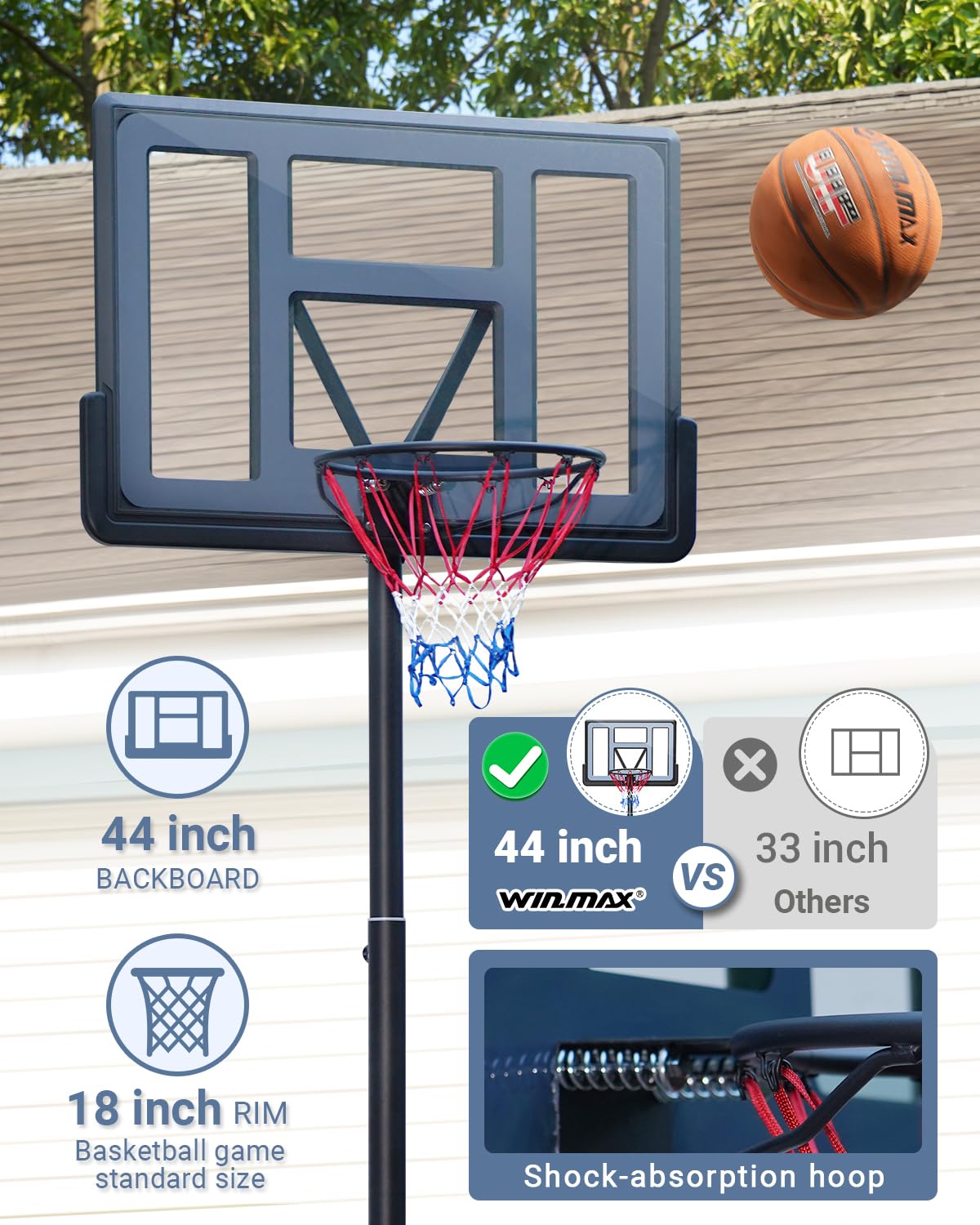 WIN.MAX Adjustable Basketball Hoop 3.8-10ft Height, 44 Inch Backboard - Portable Outdoor/Indoor Basketball Goal System for Kids & Adults - Perfect for Driveway, Backyard, Pool & Gym Use