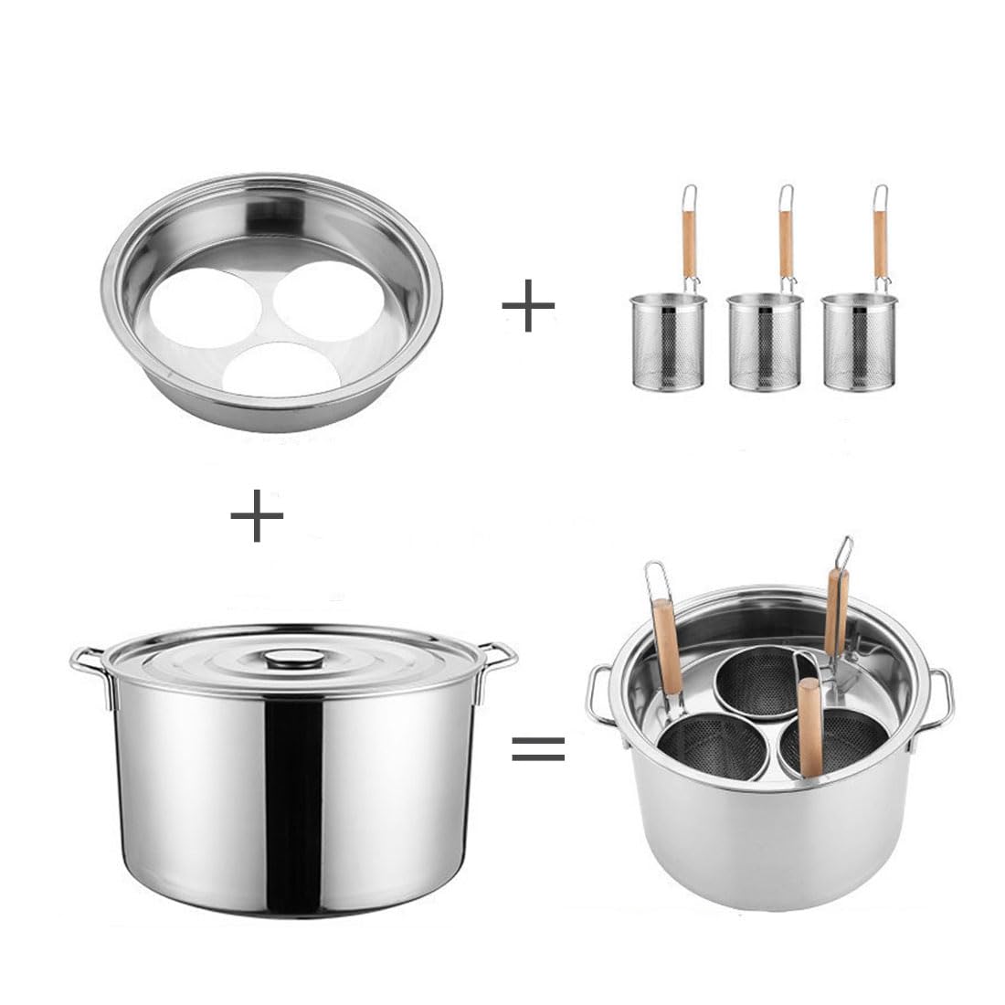 Stainless Steel Pasta Cooker with Strainer Insert Set - 3 Hole Pasta Basket, Multipot Cooking Tool with Lid - Perfect for Boiling Pasta, Vegetables & Seafood in Stock Pots - Ideal for Home Kitchens & Restaurant Cooking