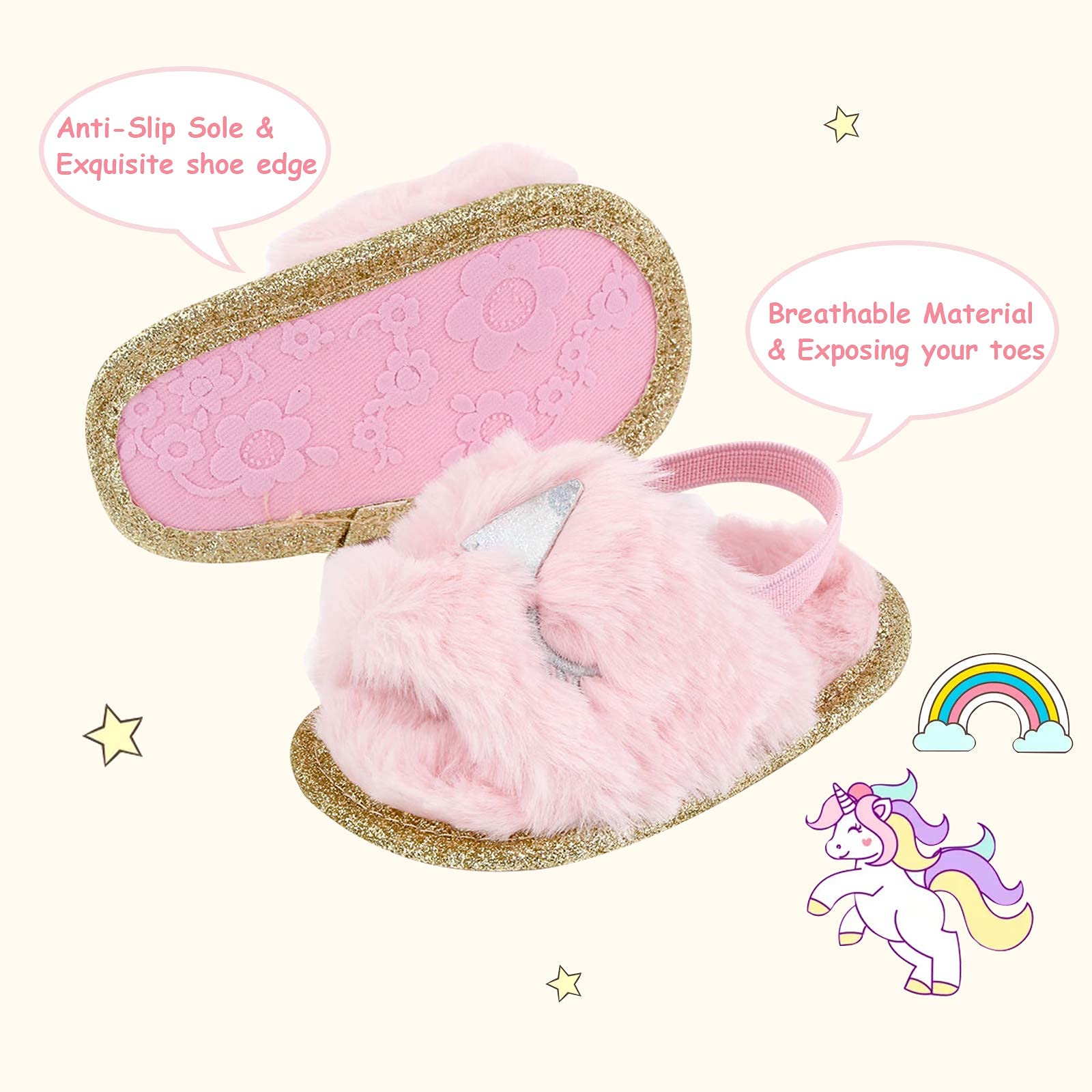 2 Pack Baby Girls Sandals - Soft Elastic Back Strap Flats with Faux Fur - First Walker Slippers for Toddlers - Perfect for Indoor Play, Princess Dress Up & Comfortable House Shoes