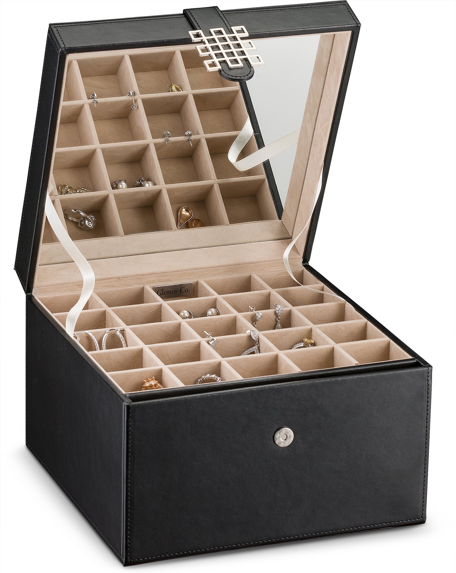Elegant PU Leather Jewelry Organizer Box with 50 Small & 4 Large Slots - 3-Tray Earring, Ring & Chain Storage with Mirror & Drawer - Perfect for Travel, Home Vanity & Gift Giving - Black