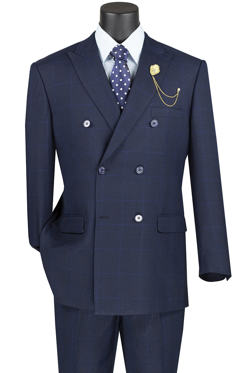 Premium 2-Piece Navy Double Breasted Windowpane Suit for Men - Formal Business Attire & Wedding Outfit | DRW 2 | Perfect for Office Meetings, Job Interviews & Special Occasions