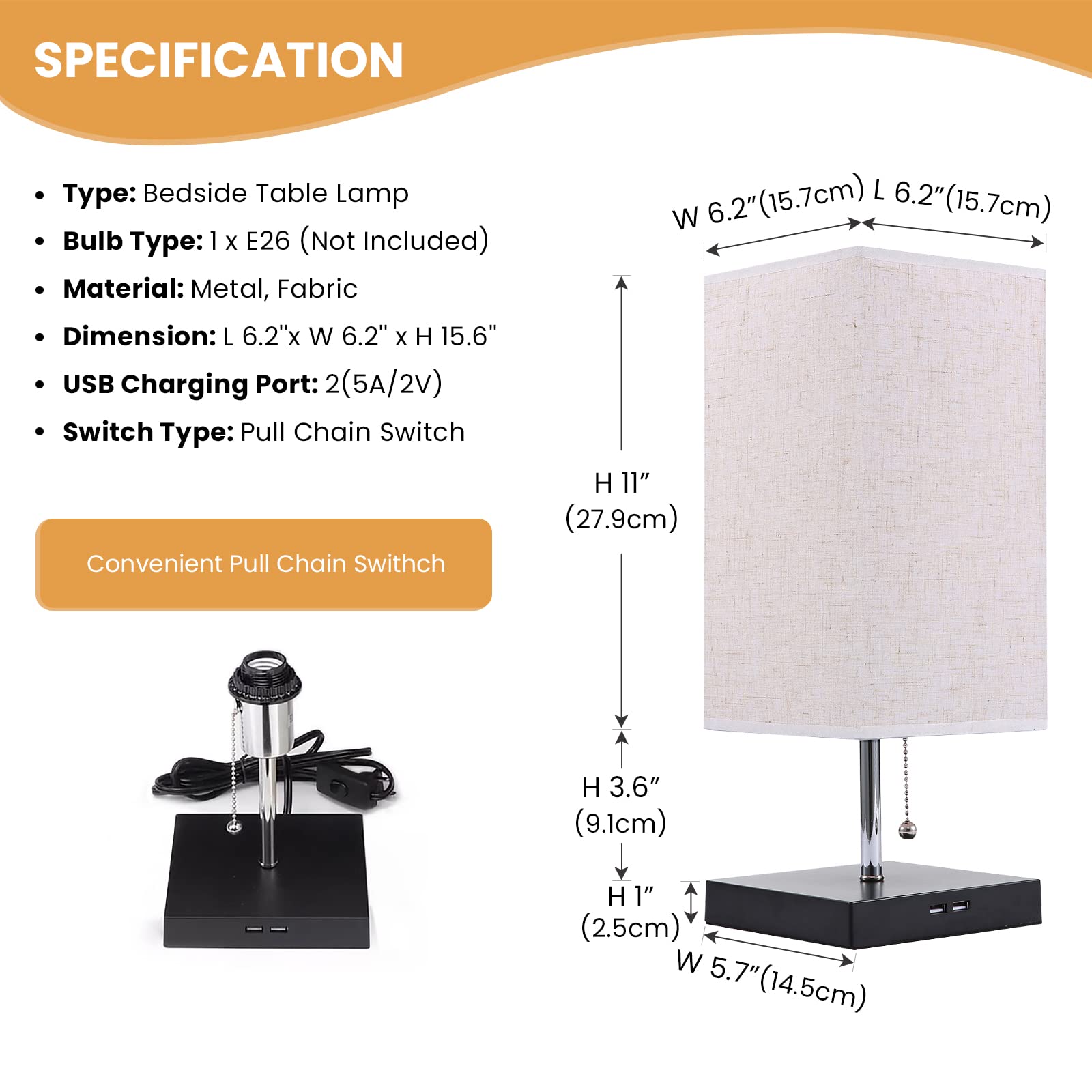 Siljoy Modern Table Lamp with 2 USB Charging Ports - Beige Fabric Lampshade & Black Wooden Base, Pull Chain Switch Nightstand Lamp for Bedroom, Living Room | Perfect for Reading, Working & Charging Devices