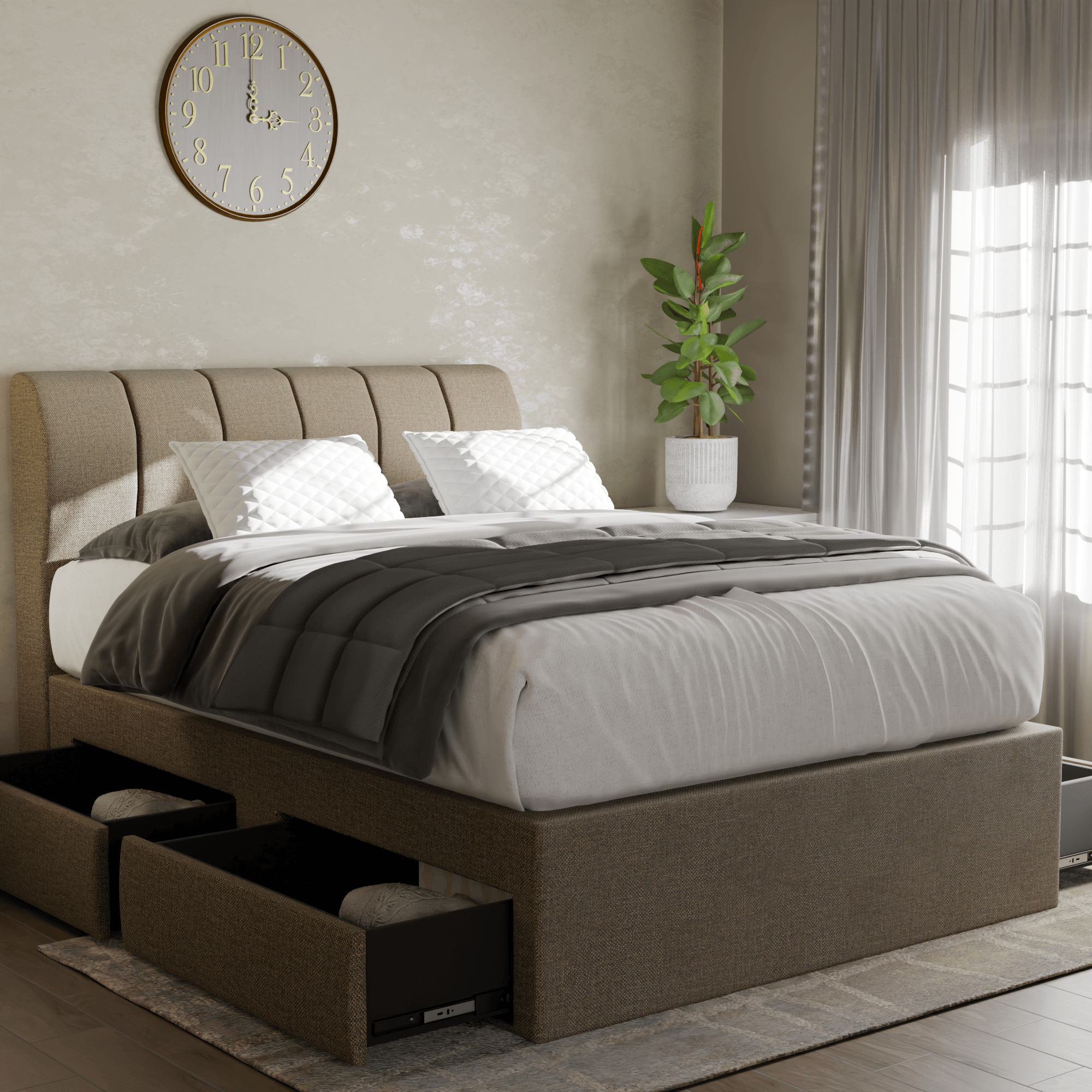 Kazura Fabric Drawer Bed Frame with Storage - Queen Size Platform Bed with 4 Drawers, Sturdy Metal Frame & Noise-Free Design - Perfect for Small Bedrooms, Apartments & Dorm Rooms