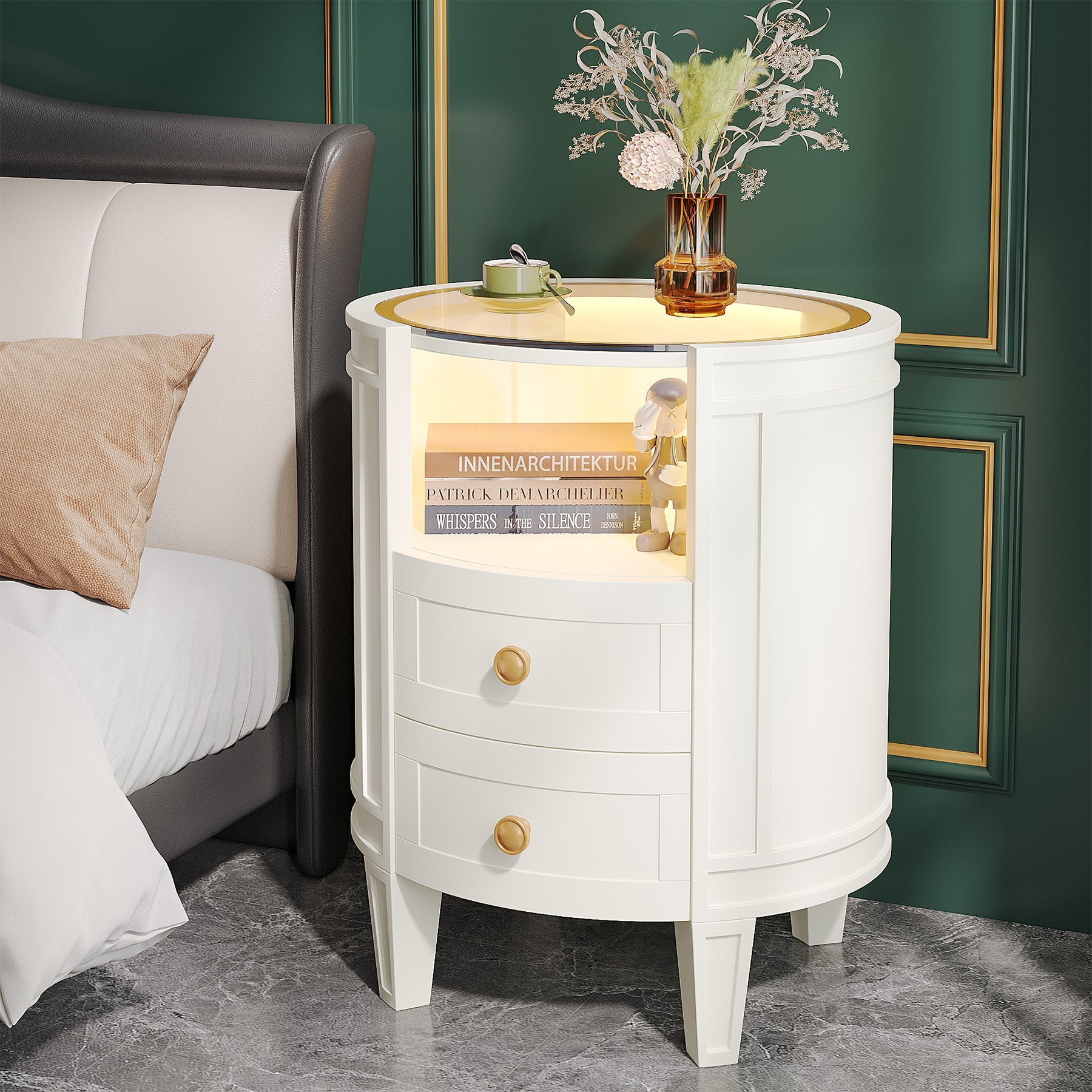 Modern 2-Drawer Nightstand with LED Light & Glass Tabletop - Stylish Bedside Table for Bedroom, Living Room, or Office Use