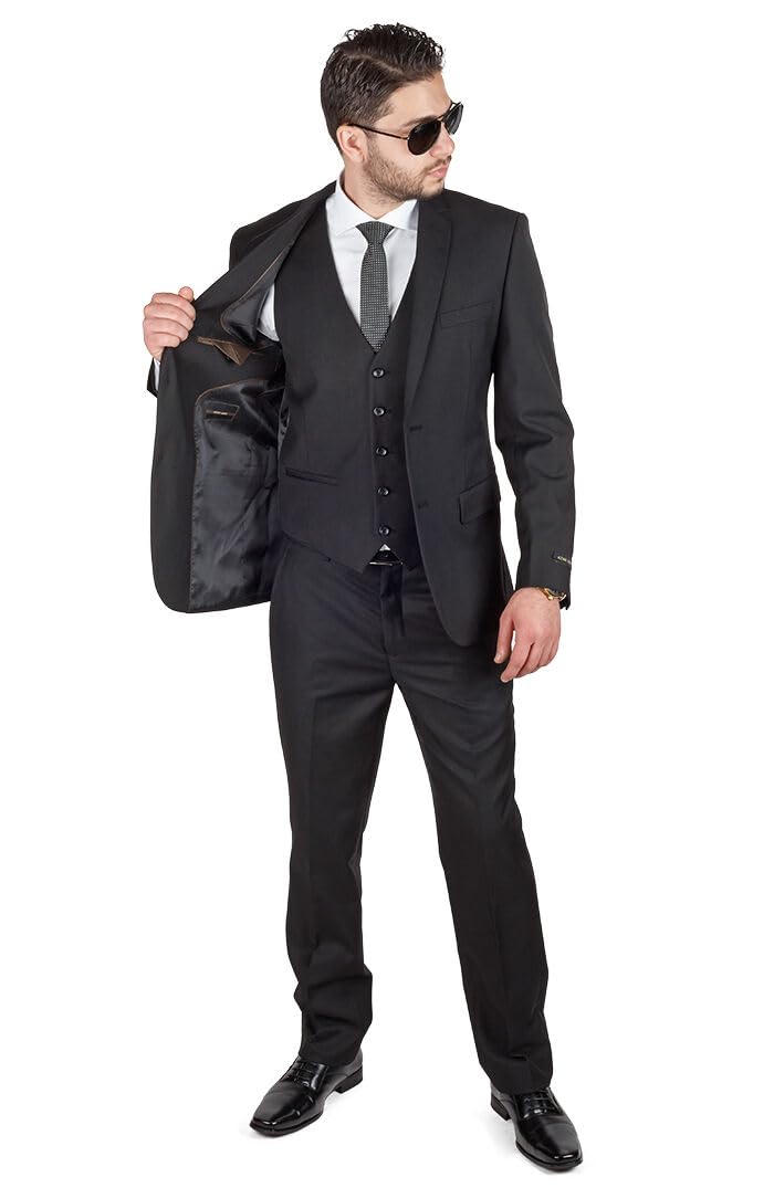 AZAR MAN Slim Fit 3 Piece Suit Set - Black Formal Vested Suit with 2 Button Notch Lapel for Business, Wedding & Special Occasions