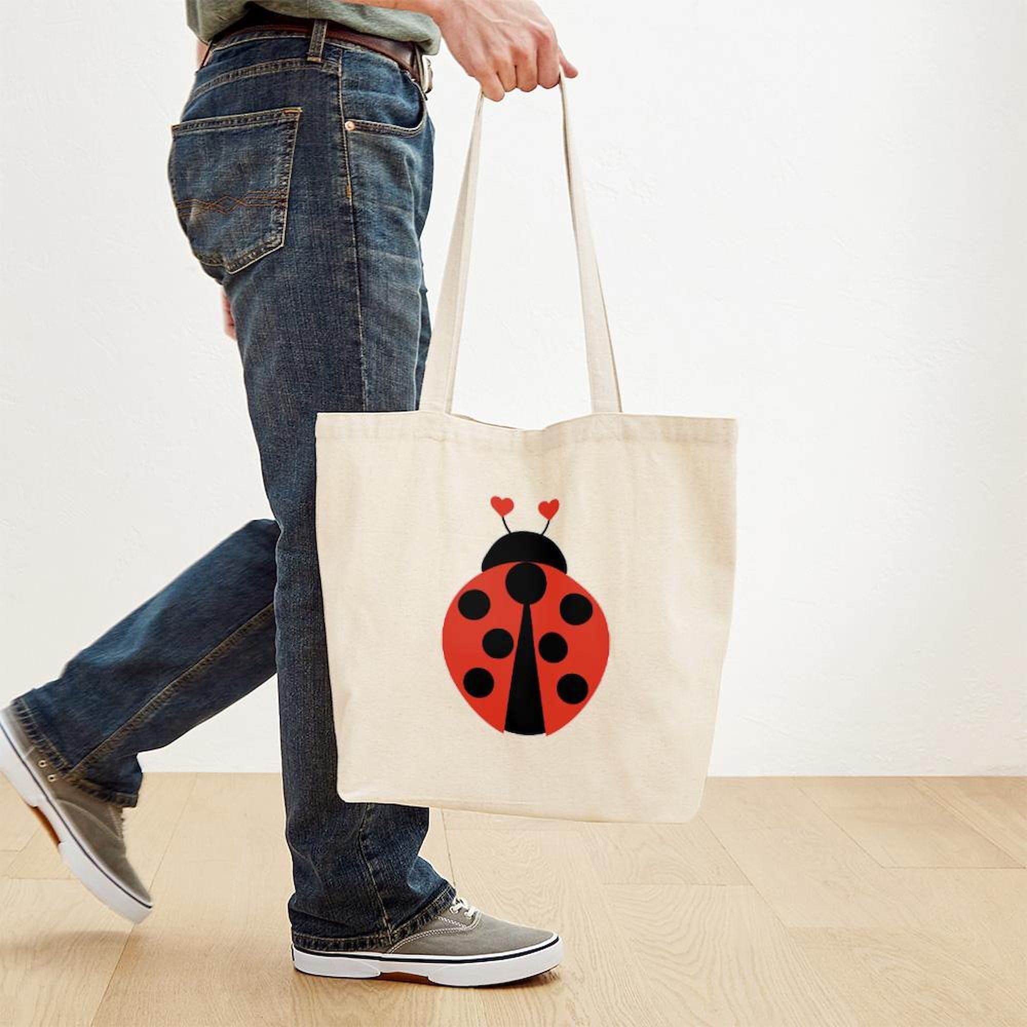 Lady Bug Tote Bag - Natural Canvas Reusable Shopping Bag for Women | Eco-Friendly Grocery Tote for Farmers Market, Beach & Daily Use