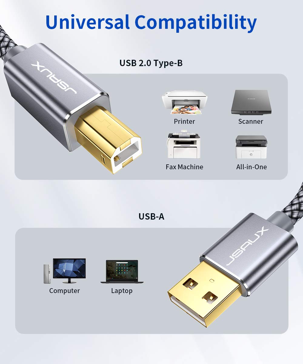 JSAUX 6.6FT USB 2.0 & 3.0 Printer Cable A Male to B Male - Compatible with HP, Epson Printers, Docking Stations, External Hard Drives, Scanners - Perfect for Home Office, Business Printing & Device Connectivity