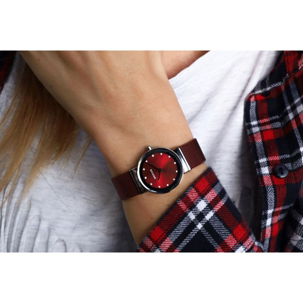BERING 10126 303 Women's Watch - Red Mesh Strap, Stainless Steel Case, Water Resistant | Perfect for Casual Wear, Office & Special Occasions