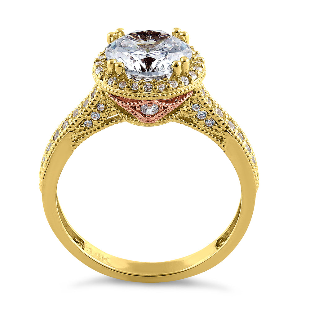 14K Solid Yellow Gold & Rose Gold Plated Round Cut Halo Cubic Zirconia Engagement Ring for Women - Perfect for Proposals, Weddings & Anniversary Gifts