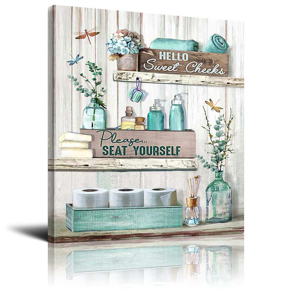 Rustic Bathroom Canvas Wall Art - 'Please Seat Yourself' Print Painting, Turquoise Bathroom Pictures, Modern Home Decor (16x20 Inch, Framed & Ready to Hang) | Perfect for Bathroom, Powder Room or Farmhouse Style Home Decor