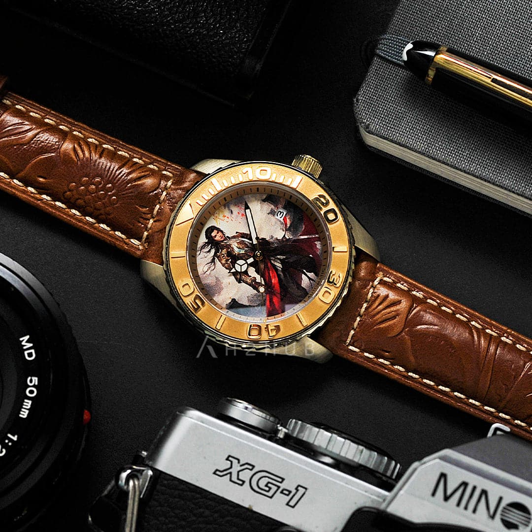 AG Collective Zhou Yu Three Kingdoms Series Light Brown Leather Strap Men's Watch G 8040 SAN QUE - Classic Vintage Timepiece for Business, Casual & Formal Occasions