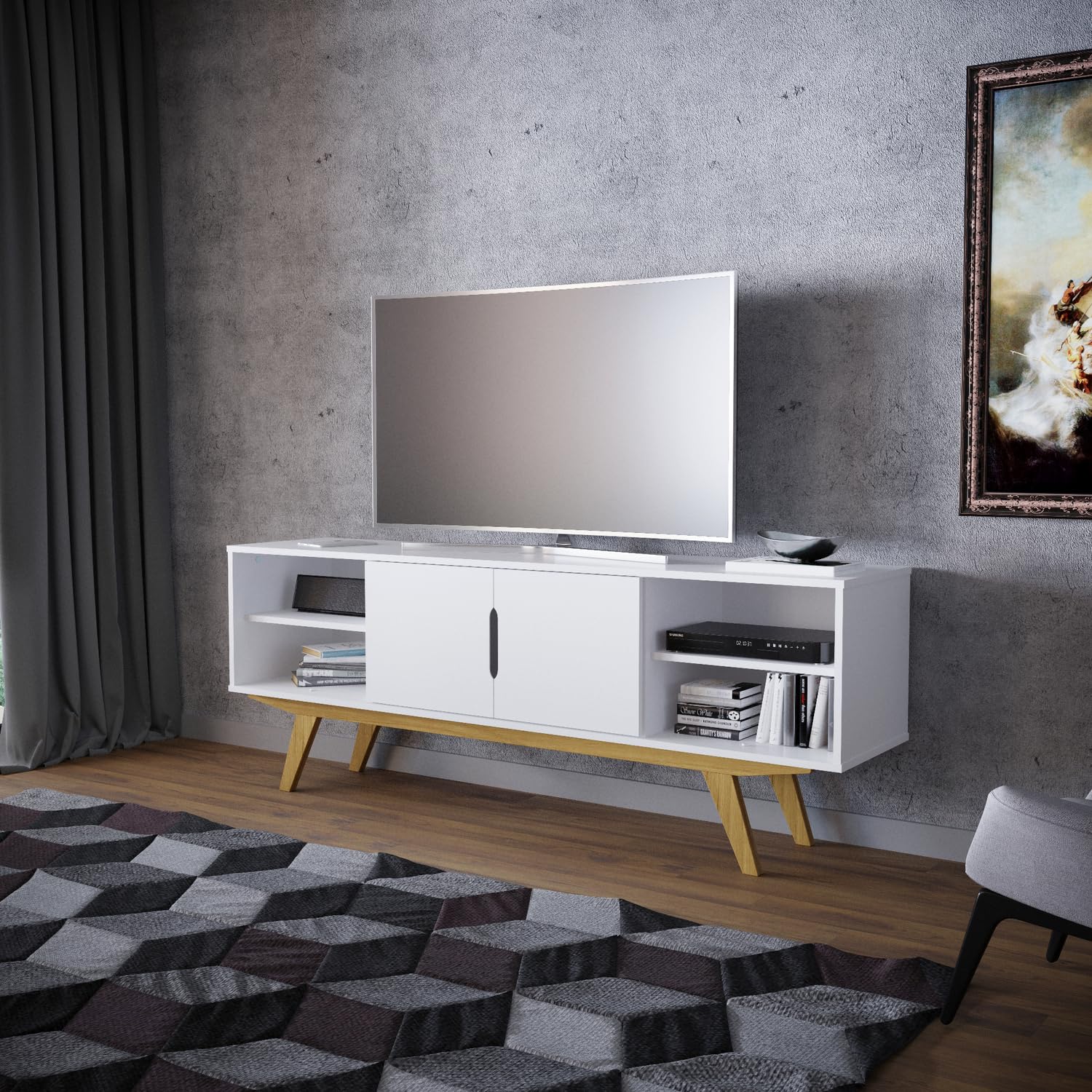 Boahaus Omaha TV Stand for 58 Inch TVs - Modern Entertainment Center with Durable Wood Construction & White Finish - Perfect for Living Room, Bedroom, or Home Theater Setup