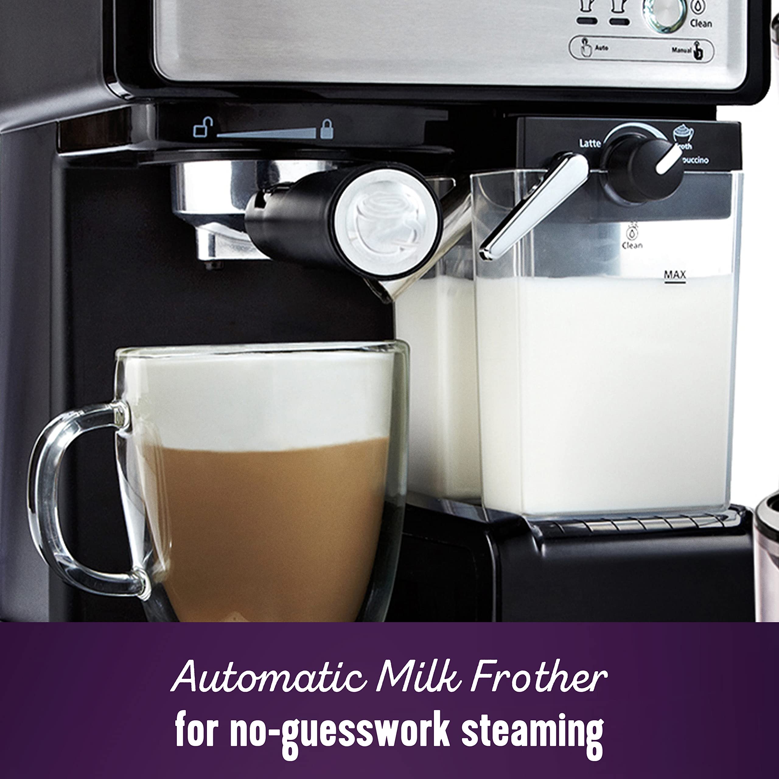 Mr. Coffee Espresso and Cappuccino Machine with 15-Bar Pump - Programmable Coffee Maker with Automatic Milk Frother, Stainless Steel (Silver) | Simple Grind 14-Cup Coffee Grinder (Black) - Perfect for Home Baristas, Office Coffee Stations & Entertaining Guests