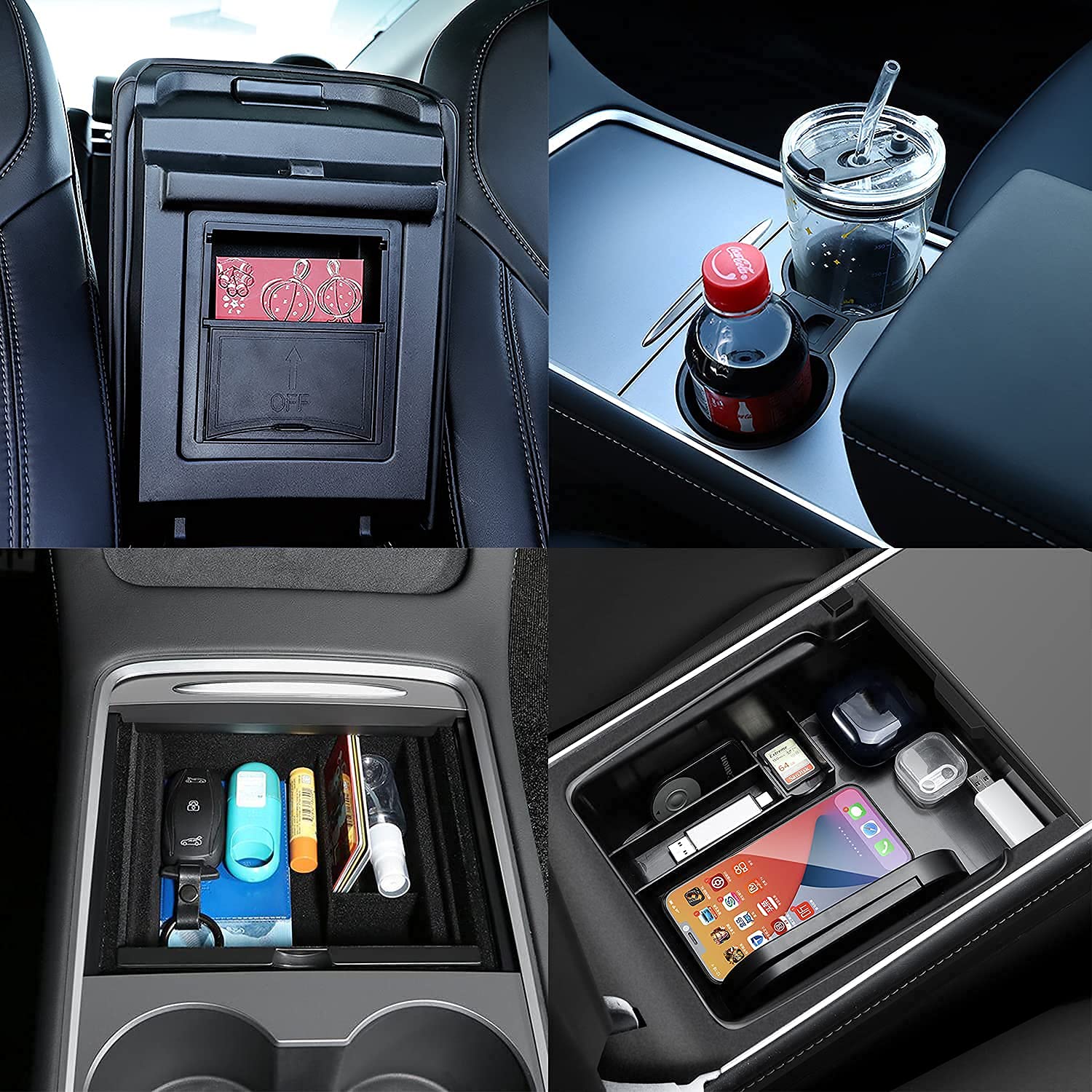 Tesla Model 3 & Y Center Console Organizer Tray - 4PCS Cup Holder Insert for 2021-2025 Model Y & 2021-2023 Model 3 Interior Accessories (Excludes 2025 New Model Y Juniper & 2024-2025 Model 3 Highland) - Perfect for Car Organization & Road Trips