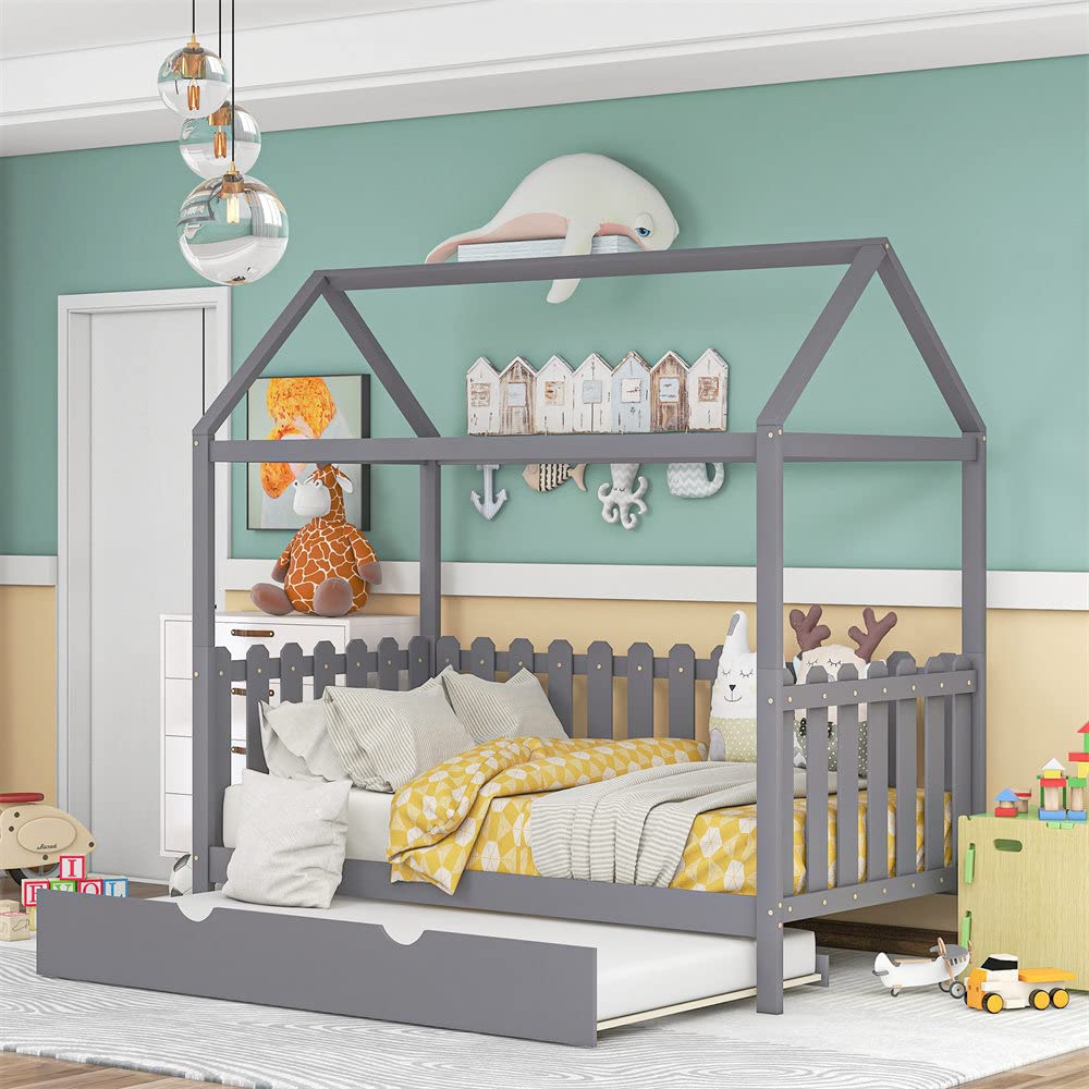 Twin Size House Bed Daybed with Trundle - Wooden Sofa Bed Frame with Fence Guardrail & Roof - Dual-Use Platform Bed for Kids Room - No Box Spring Needed (Gray) - Perfect for Small Spaces, Guest Rooms & Playroom Decor