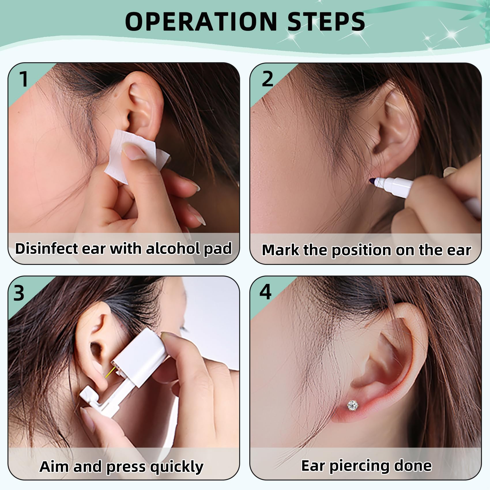 12 Pcs Disposable Ear Piercing Gun Kit with 4 Pcs 6-Prong Cubic Zirconia Earrings - 316L Stainless Steel Self Ear Piercer Tool for Home Use - Safe & Easy DIY Ear Piercing Kit (Gold) | Perfect for First-Time Piercing, Gifts & Professional Salon Results at Home