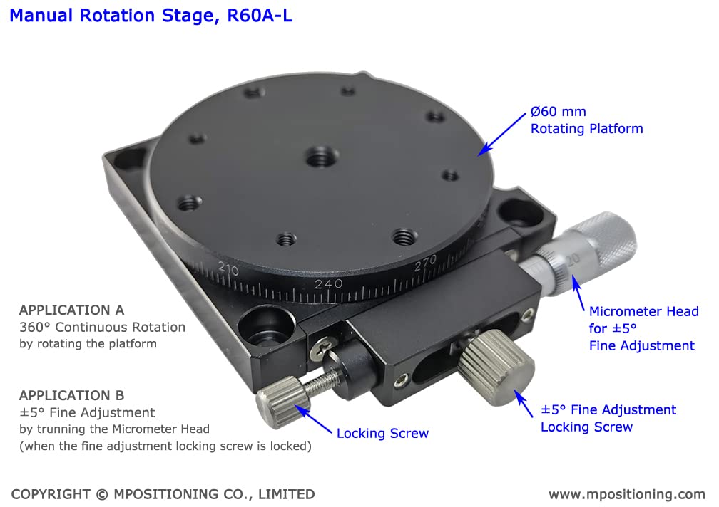 Precision Manual Rotary Table R60A-L - 60mm Diameter Rotation Stage with Left Micrometer, 3kg Max Load | Ideal for CNC Machining, Laser Engraving & Micropositioning Work