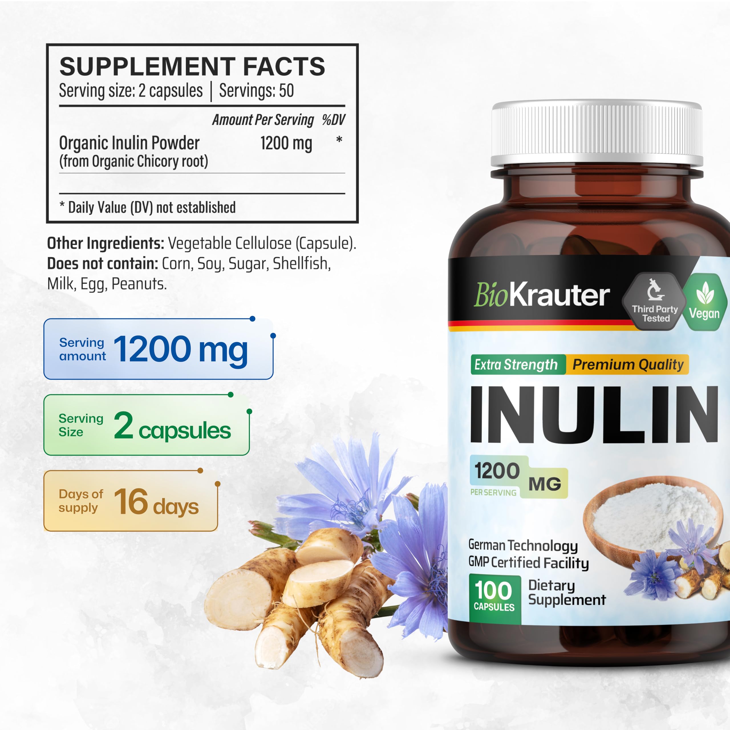 BIO KRAUTER Inulin Powder Capsules 1200mg - 100 Count Pure Soluble Fiber Supplement | Chicory Root Fiber for Digestive Support | Vegan, Non-GMO | Supports Gut Health & Weight Management | Perfect for Smoothies, Coffee & Baking