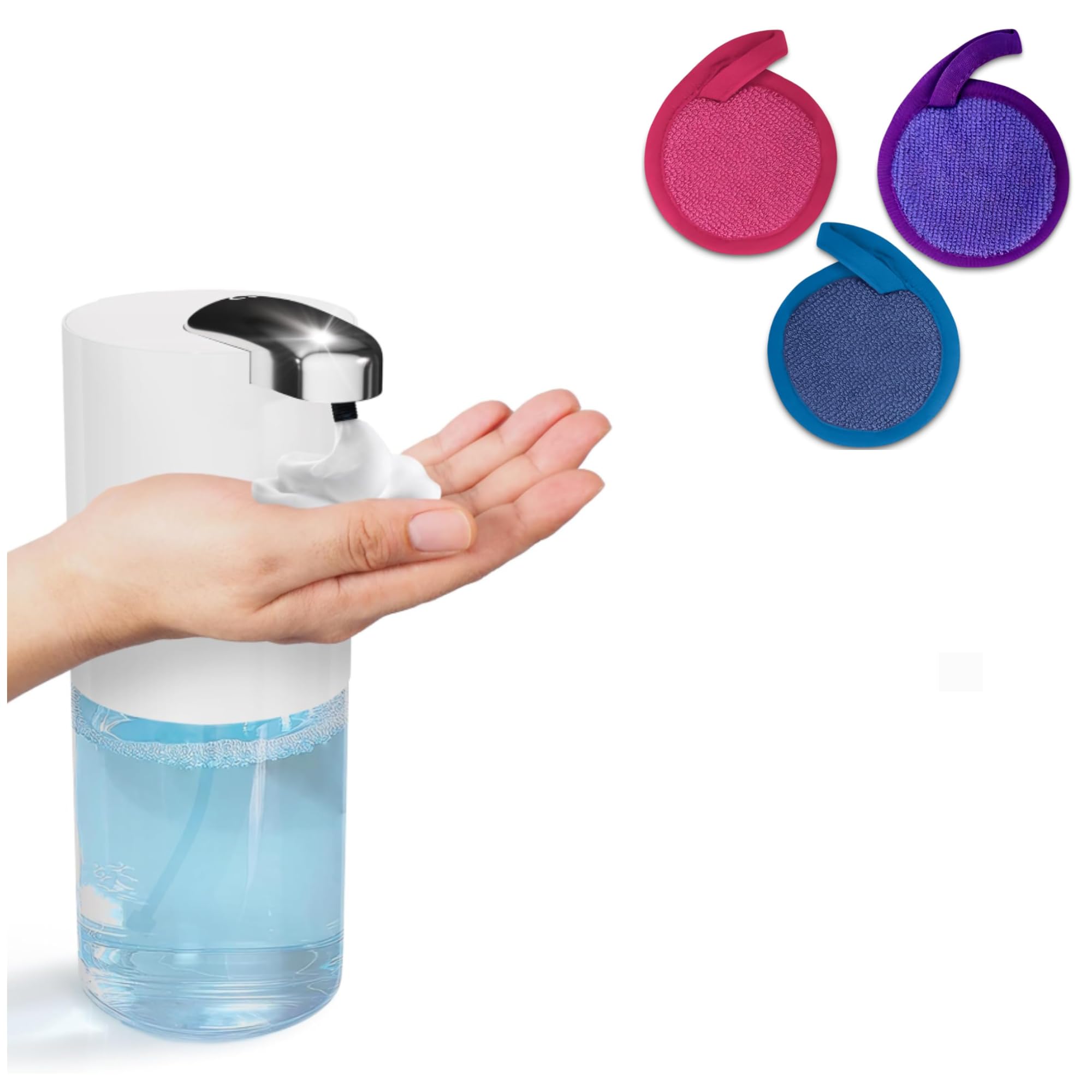 13.5 Oz Automatic Foaming Soap Dispenser with Soft Makeup Remover Cloth Set - Perfect for Bathroom, Kitchen & Travel Essentials