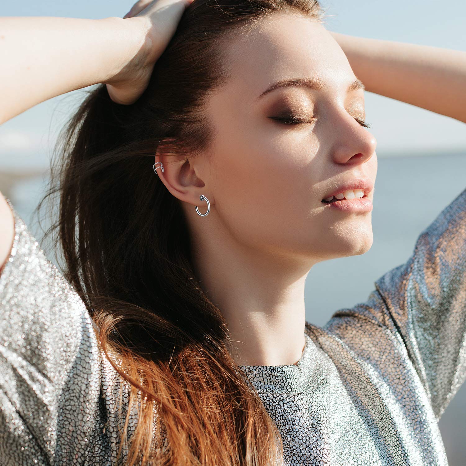 9 Pairs Magnetic Stud Earrings for Women - Non Pierced Silver Stainless Steel Feather Dangle Earrings with CZ Stones | Hinged Cross Hoop Earrings Set | Perfect for Parties, Weddings & Everyday Wear
