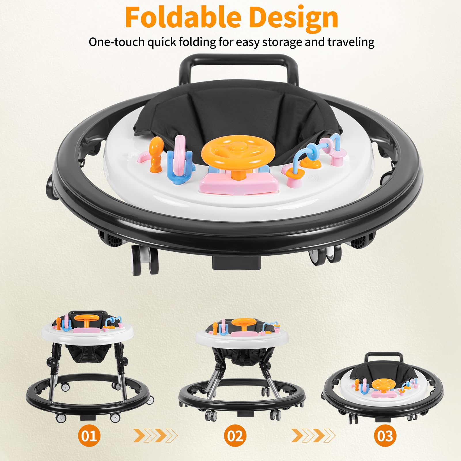Foldable 9-Speed Adjustable Baby Walker with Wheels & Music - Anti-Fall Infant Activity Center with Foot Pads for Boys & Girls 6-24 Months - Perfect for Learning to Walk & Indoor Playtime