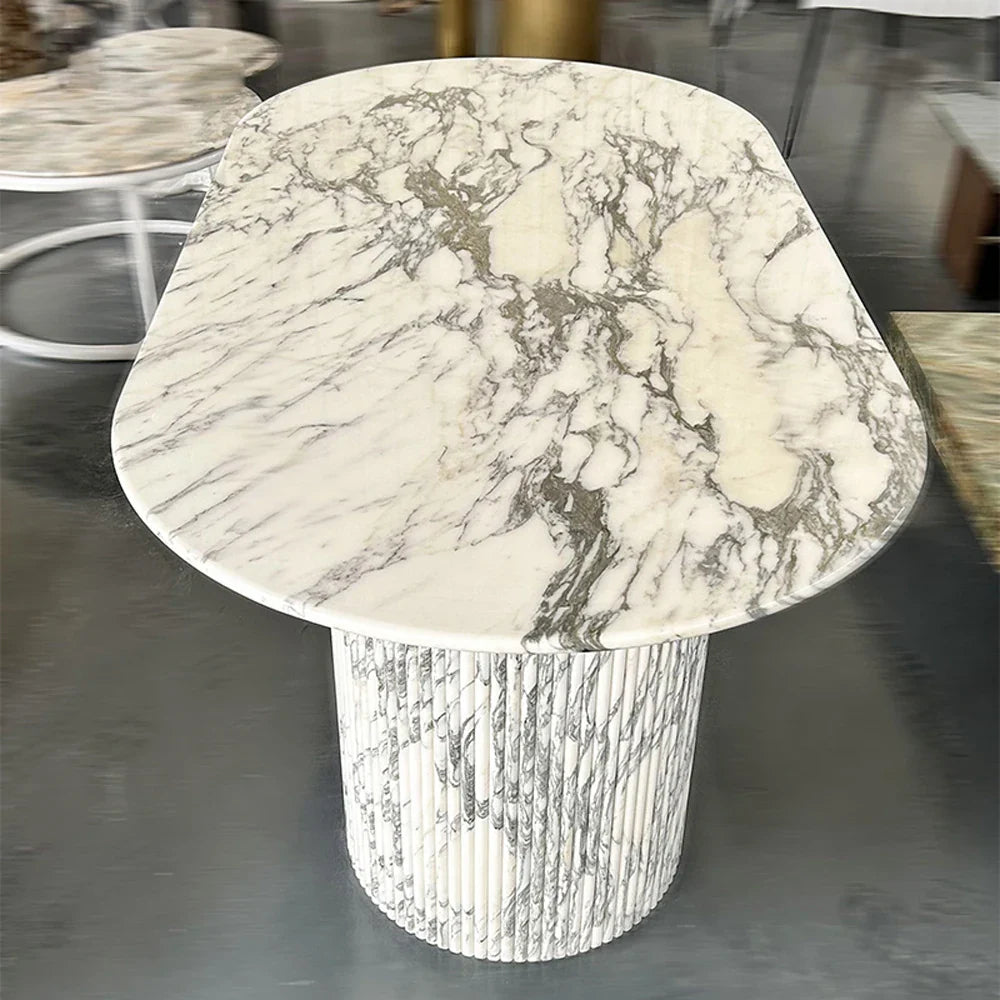 Luxury White Polished Finish Marble Dining Table Set - 6 Piece Modern Kitchen Furniture for Dining Room, Perfect for Family Gatherings & Dinner Parties