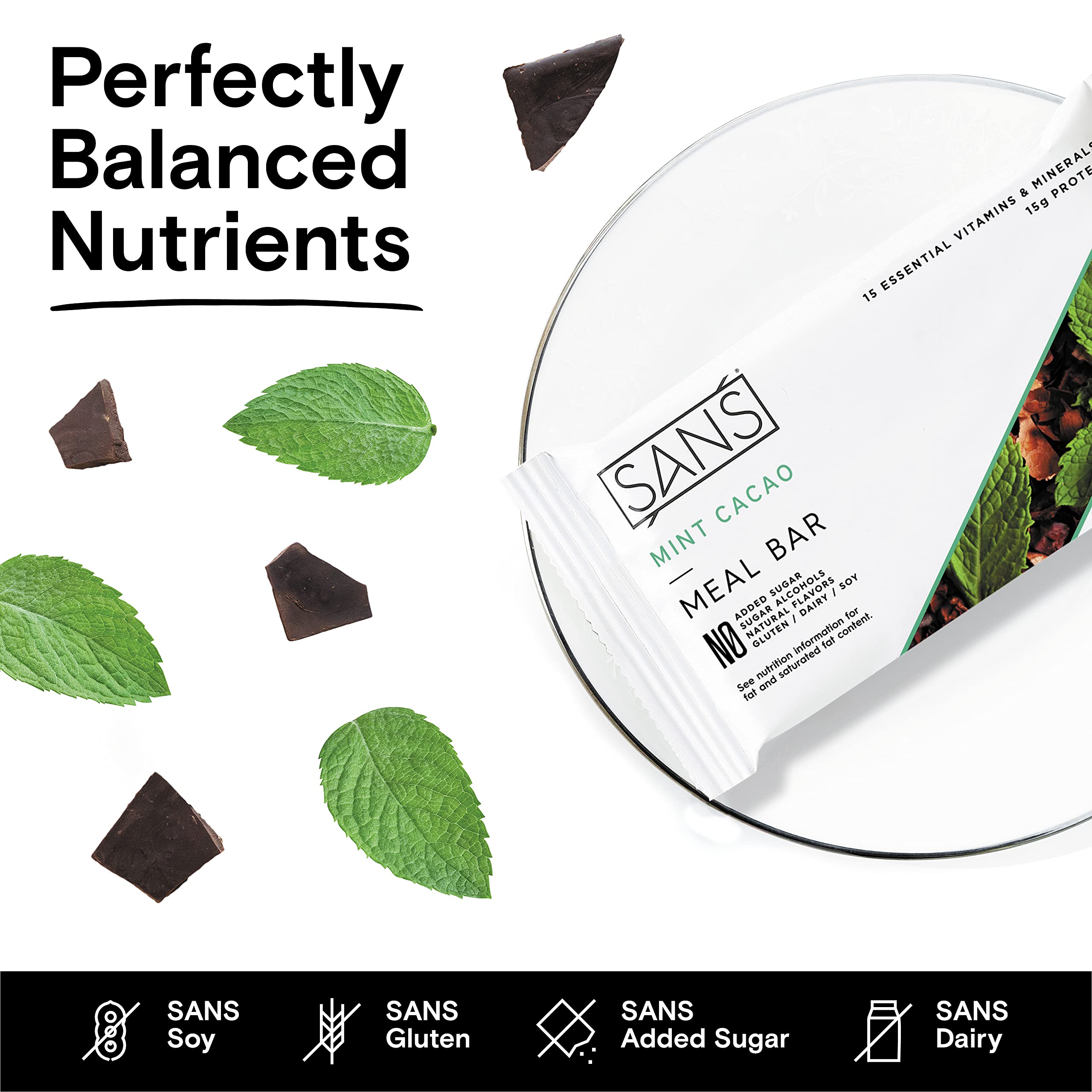 SANS Meal Replacement Protein Bar - Gluten Free, High Protein & Fiber Snack, No Sugar Added, Dairy & Soy Free, Mint Cacao Flavor (12 Bars) - Perfect for Workout Recovery, Weight Loss & On-the-Go Nutrition
