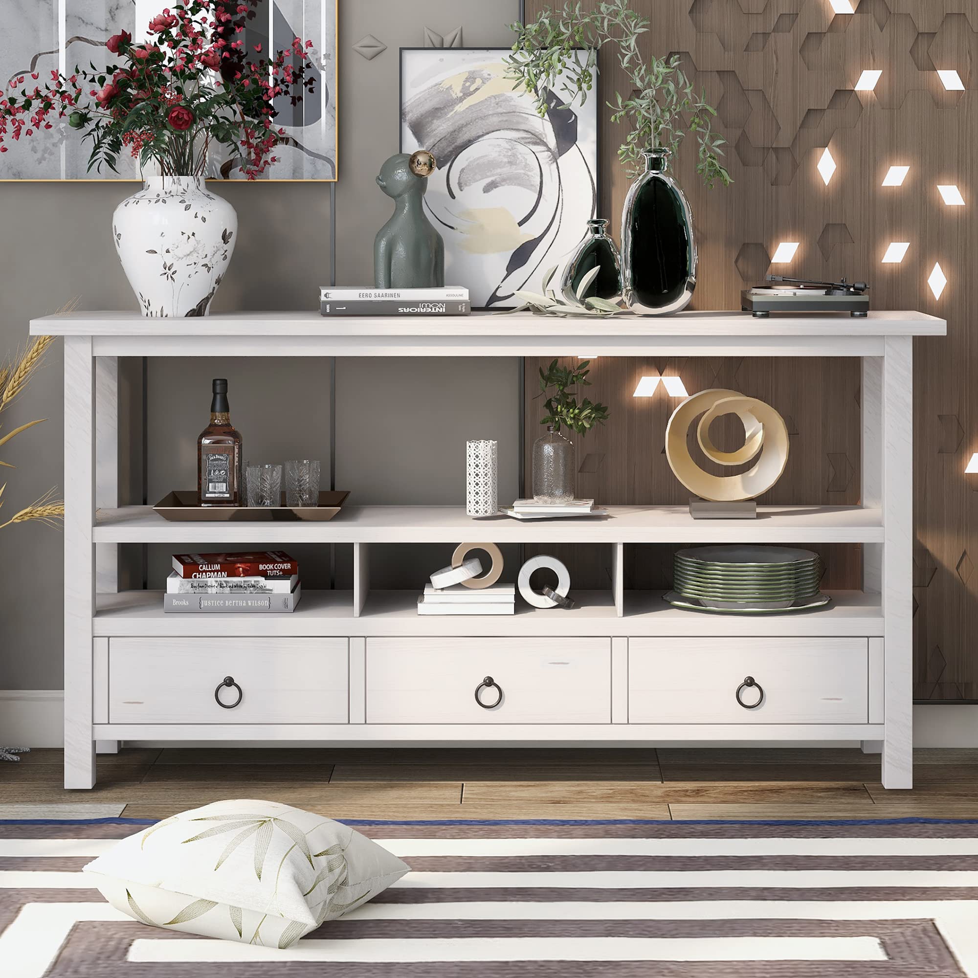 Rustic Console Table with Drawers - Entryway Sofa Table, Double-Tier Tabletop for Living Room, Hallway & Dining Room - Antique White Finish | Perfect for Home Decor, Farmhouse Style & Small Space Organization