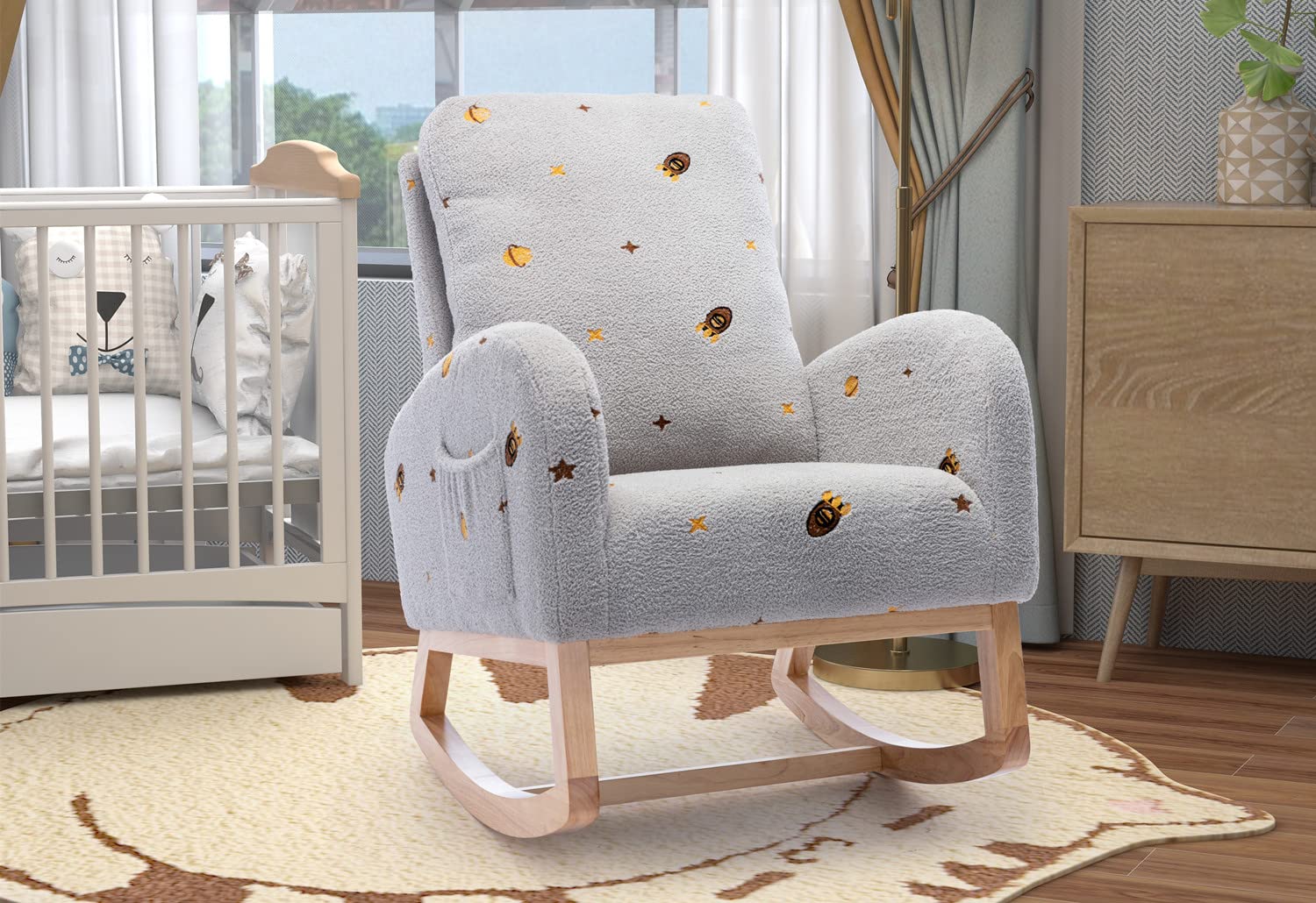Modern Mid Century Upholstered Glider Rocker Chair - Nursery Rocking Accent Armchair with High Back & Side Pocket - Comfortable Wooden Rocking Chair for Baby Nursery, Living Room & Bedroom - Perfect for Nursing, Reading & Relaxing