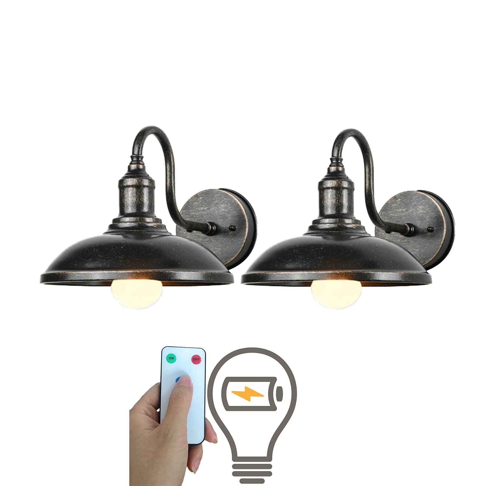 Vintage Farmhouse Wall Sconce - 2 Pack LED Remote Control Battery Operated Dimmable Wall Lamp with Included Light Bulb - Perfect for Loft, Bedroom, Living Room and Indoor Wall Decor