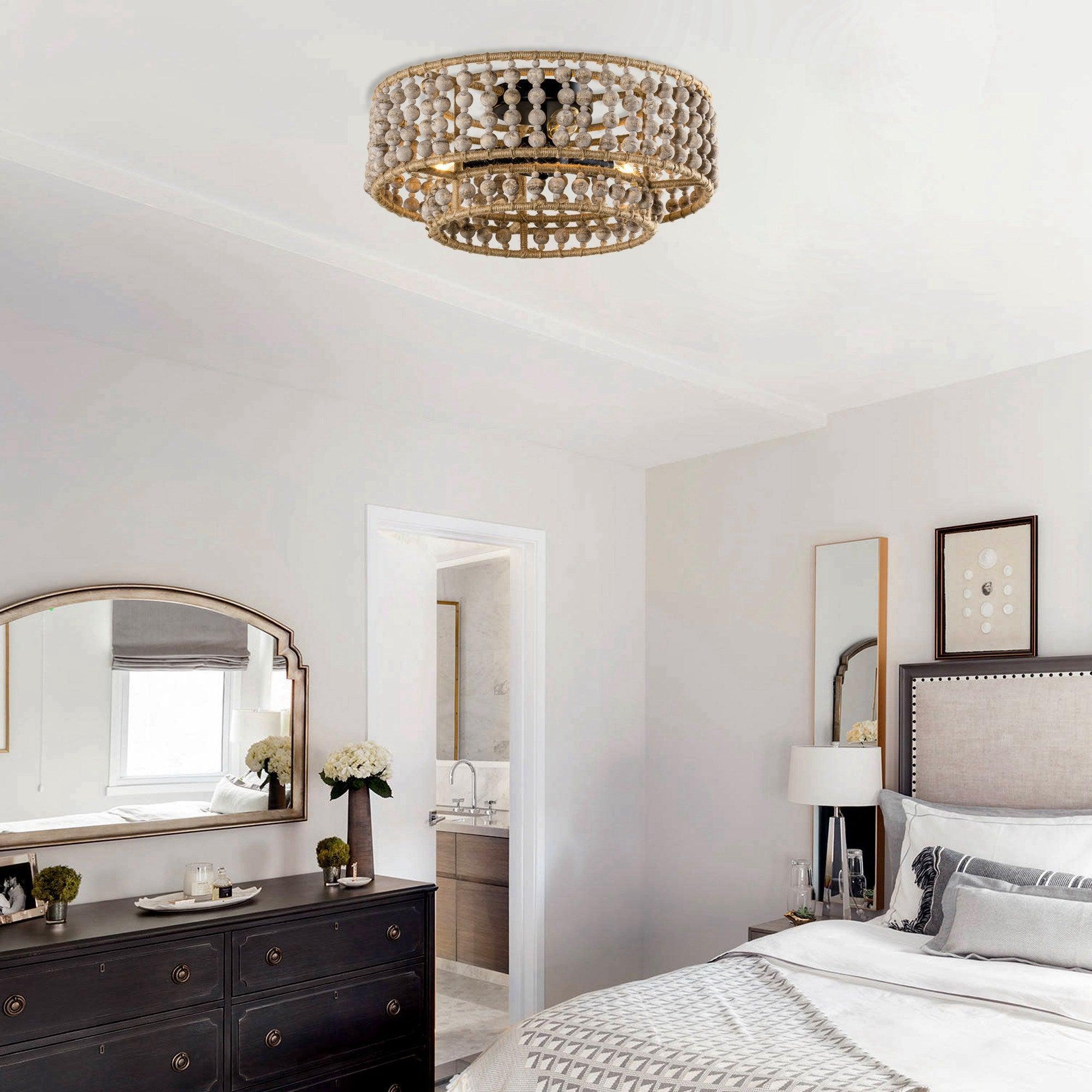 Farmhouse 3 Light Wood Beaded Flush Mount Ceiling Light Fixture - Rustic Chandelier for Kitchen, Dining Room & Bedroom Lighting